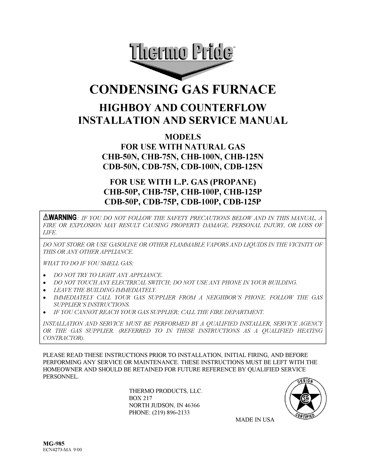 Thermo Products CDB-75N, CHB-50N, CHB-100N, CHB-75N, CDB-100N User Manual