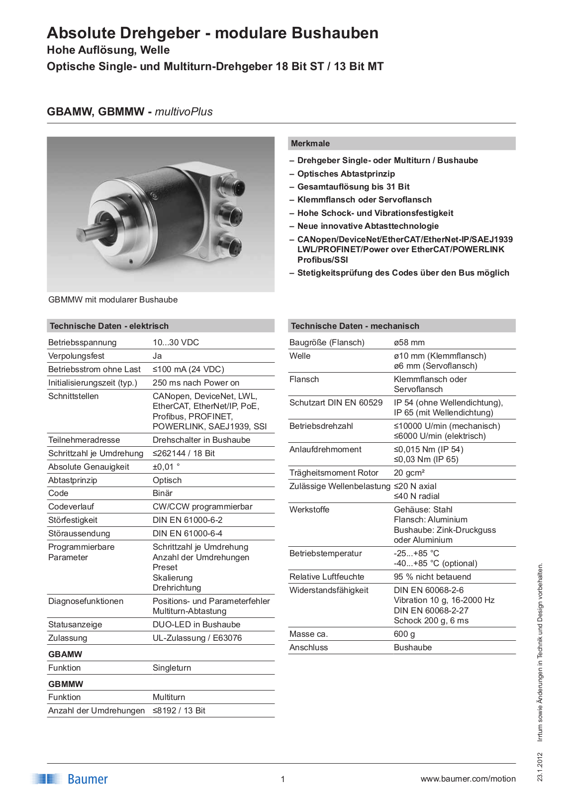 Baumer HÜBner GBAMW, GBMMW User Manual