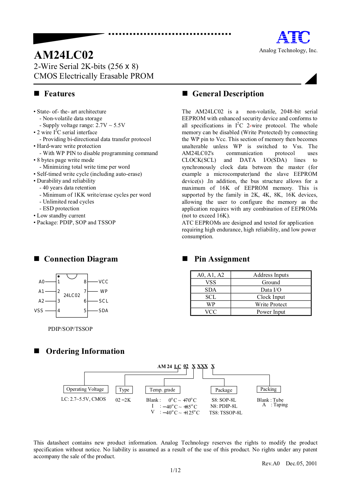 ATC AM24LC02VTS8A, AM24LC02VTS8, AM24LC02VS8A, AM24LC02VS8, AM24LC02VN8A Datasheet