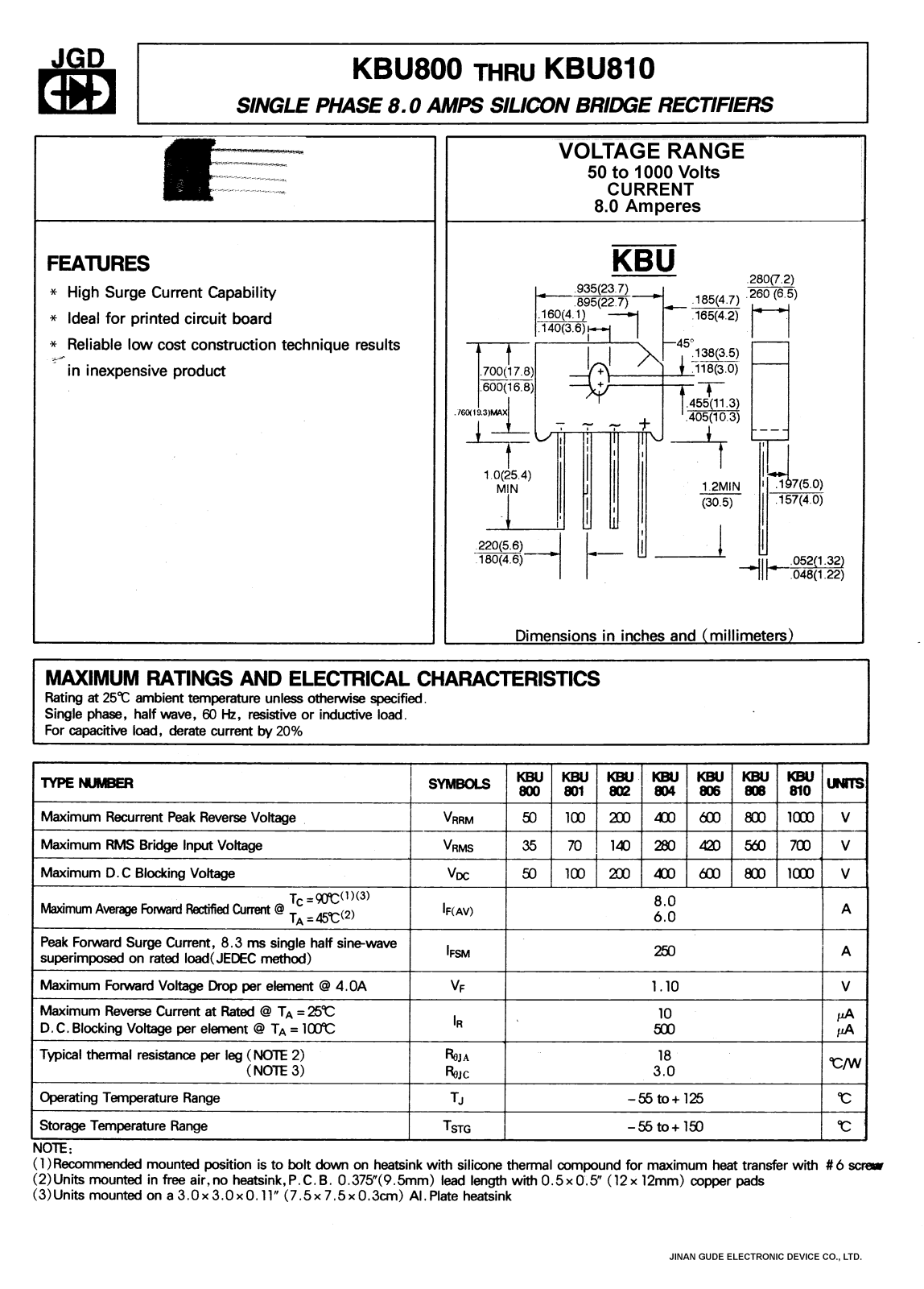 JGD KBU806, KBU804, KBU810, KBU808, KBU801 Datasheet