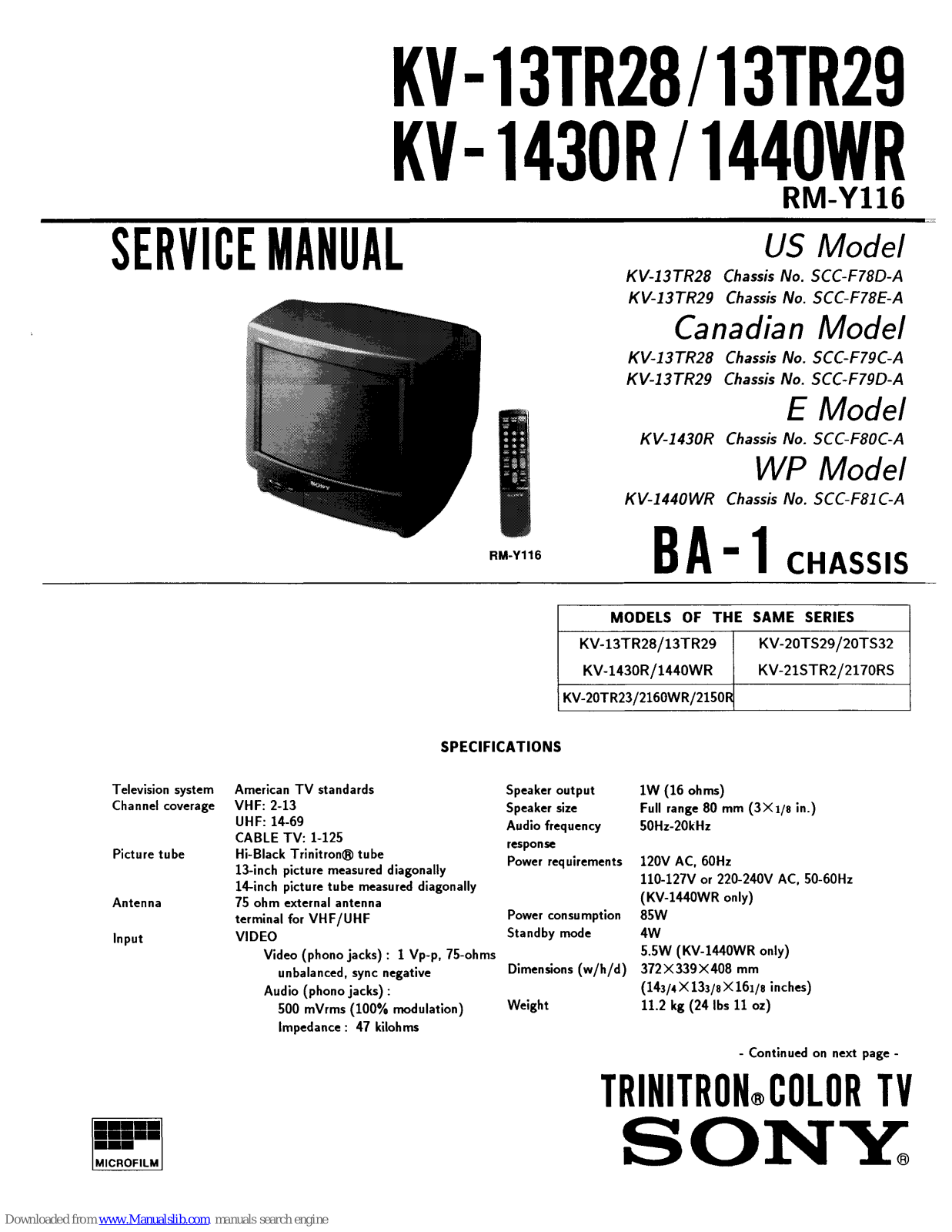 Sony Trinitron KV-13TR28, Trinitron KV-1430R, Trinitron KV-1440WR, Trinitron KV-13TR29 Service Manual