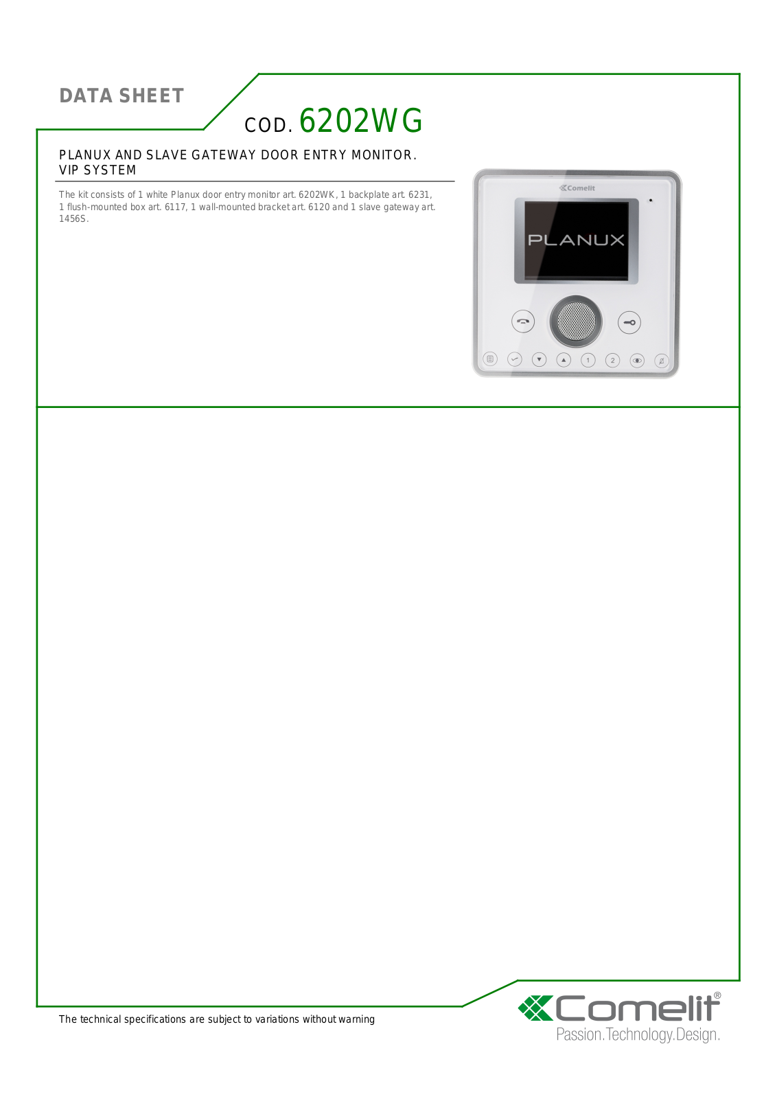 Comelit 6202WG Specsheet