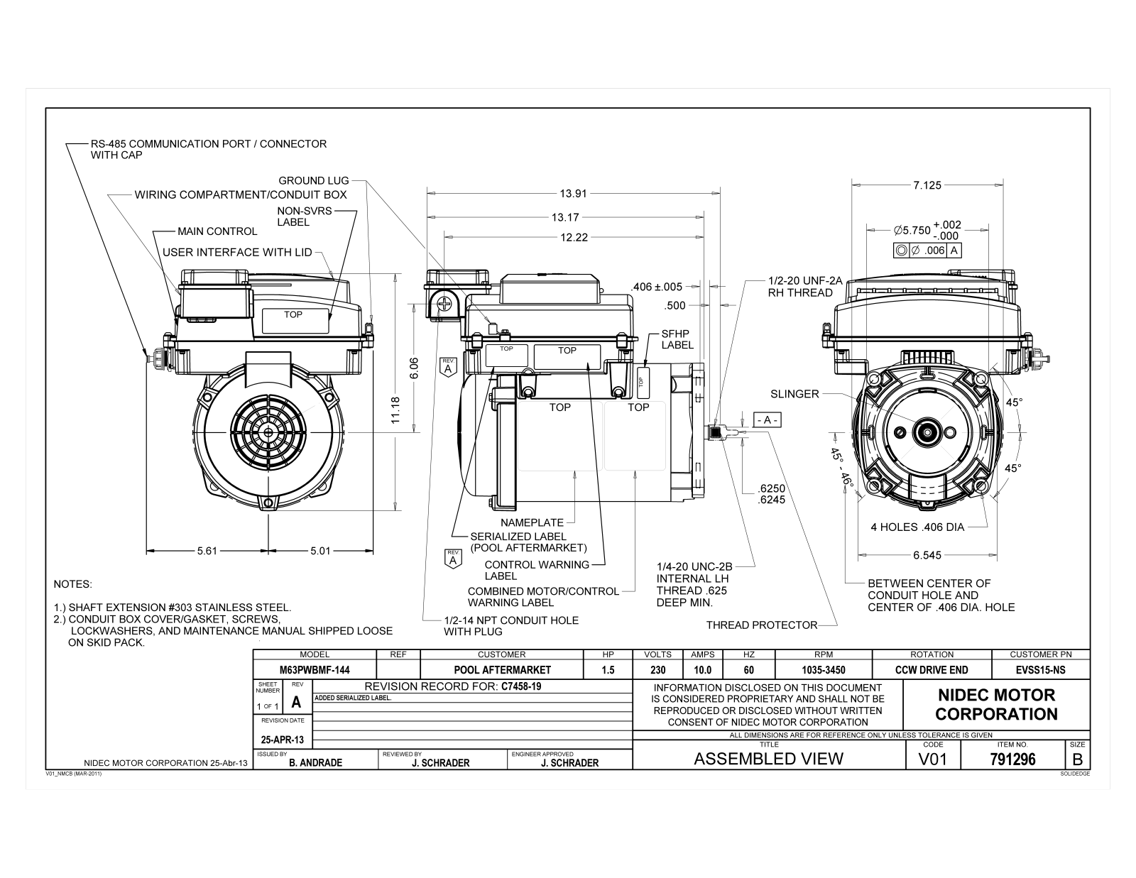 US Motors EVSS15-NS Dimensional Sheet