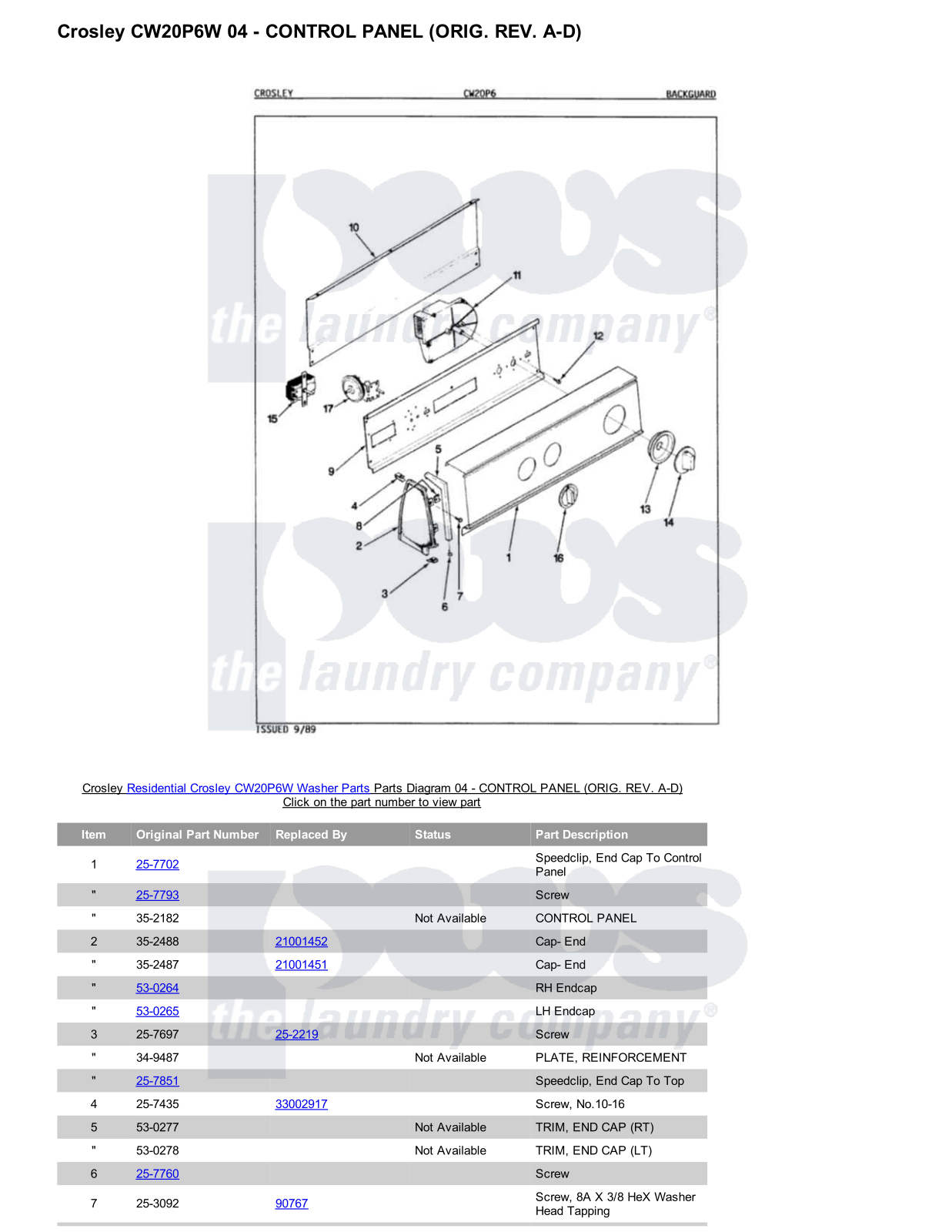 Crosley CW20P6W Parts Diagram