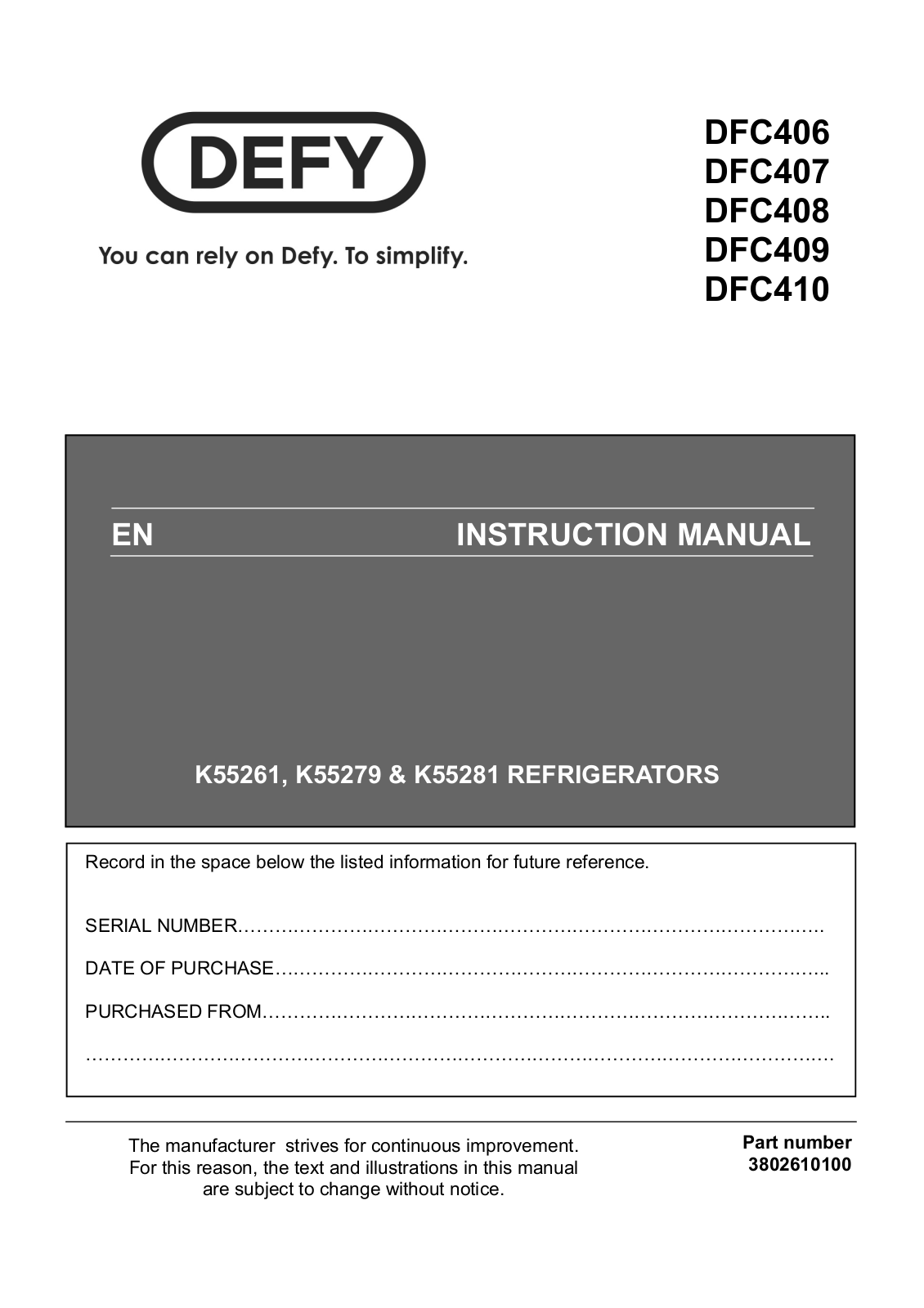 Defy 408, 407, 409, 410, DFC 406 User Manual