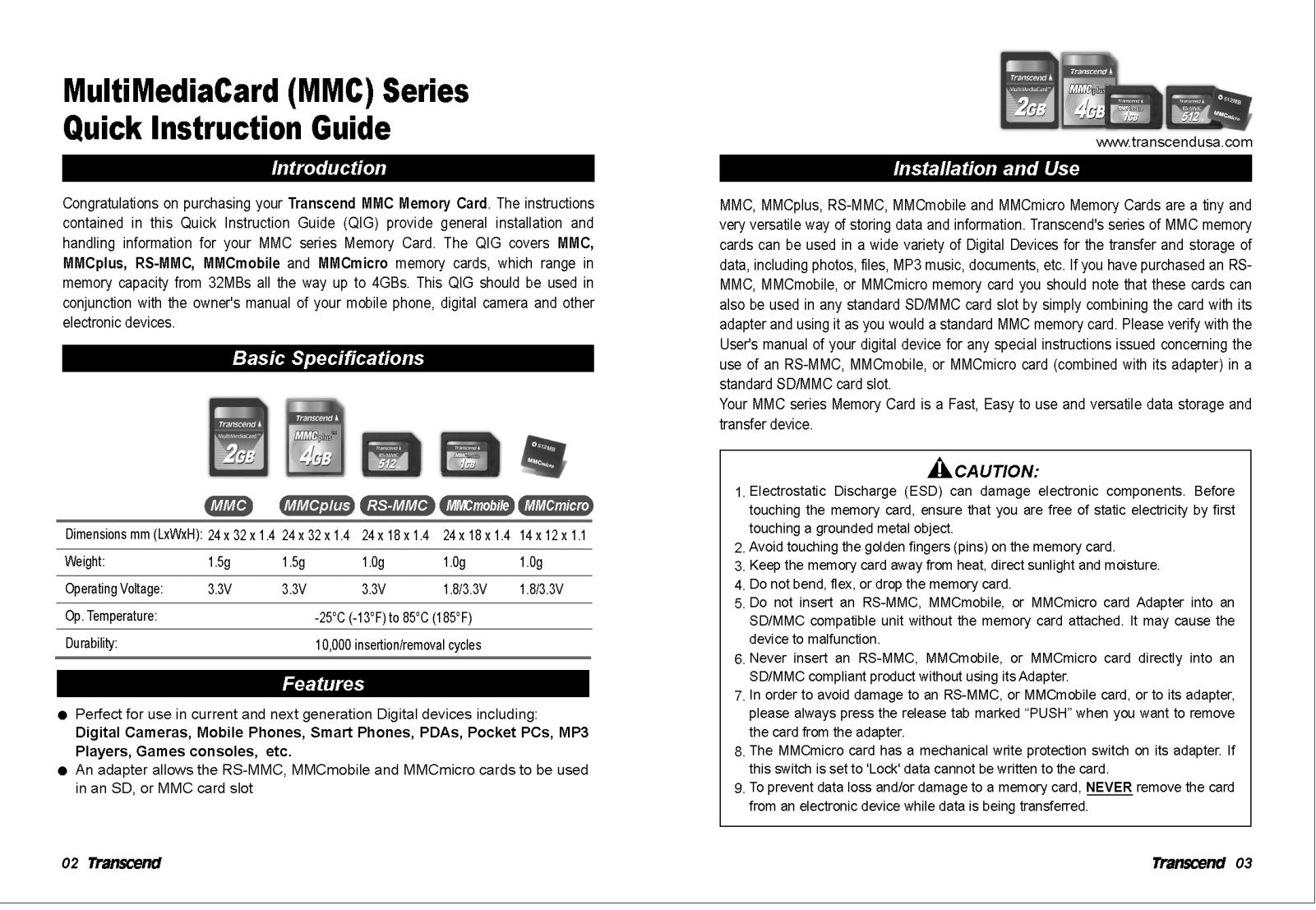 Transcend Information RS-MMC, MMCplus, MMCmicro, MMC, MMCmobile User Manual