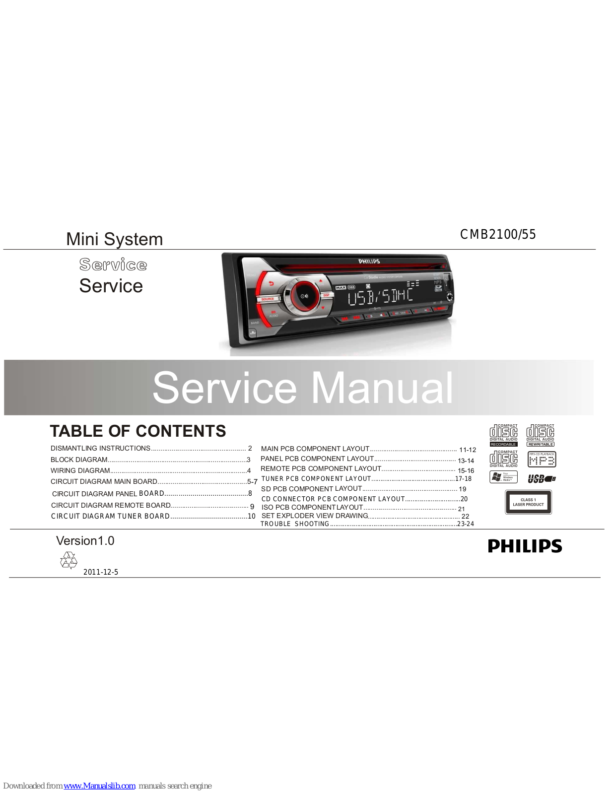 Philips CMB2100/55, CMB1100/55, CEM2101R/51, CEM2101G/51, CEM1100/00 Service Manual