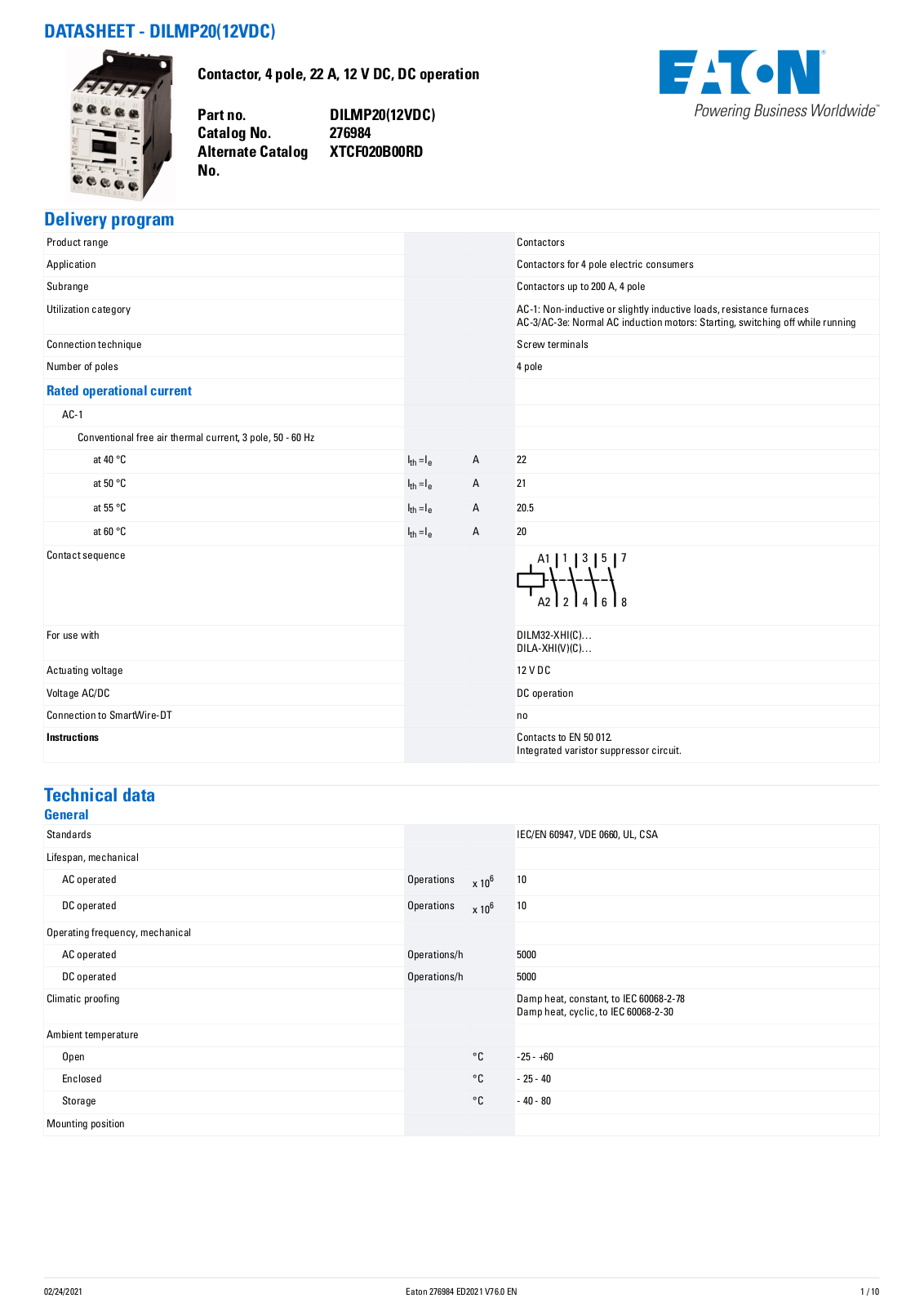 Cutler Hammer, Div of Eaton Corp XTCF020B00RD Data Sheet