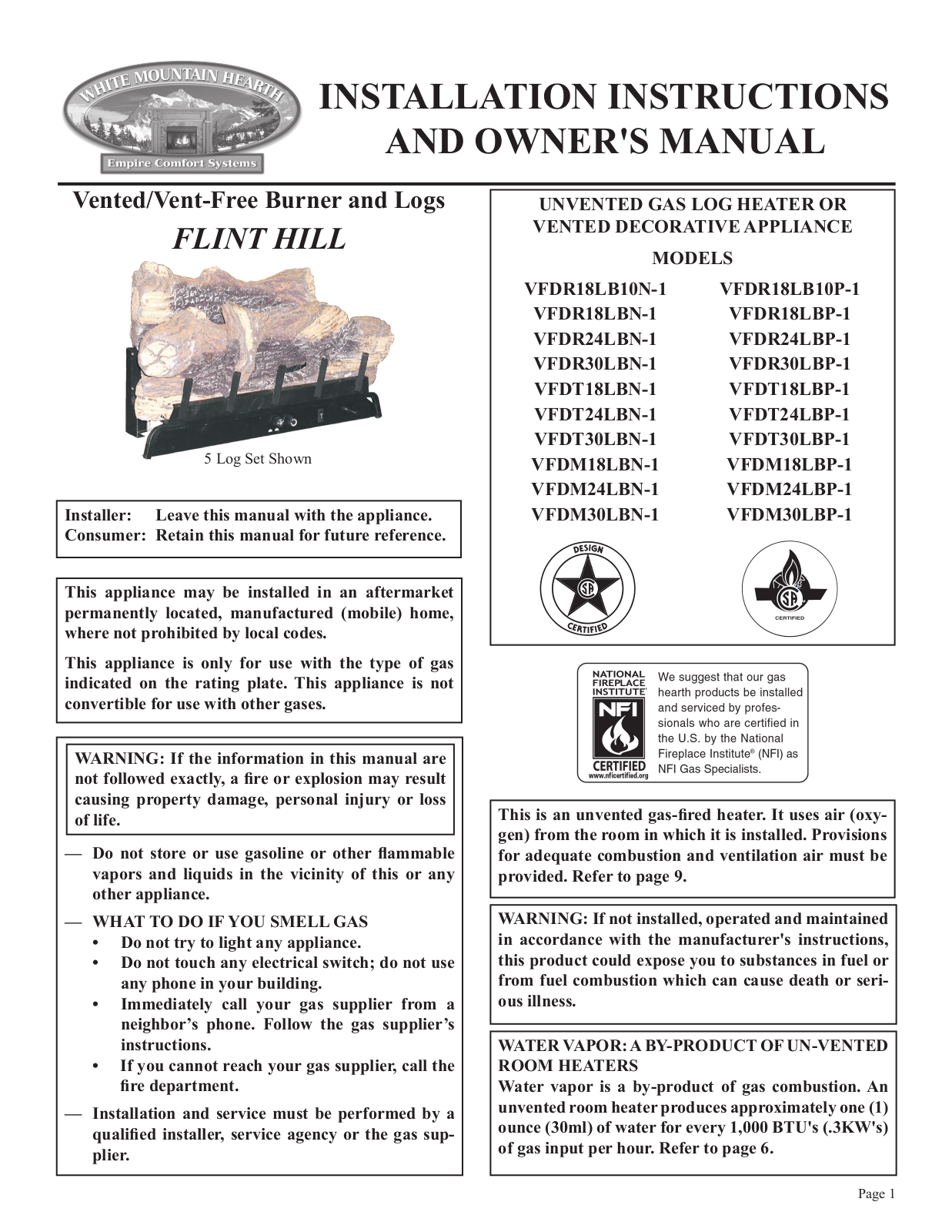 Empire Comfort Systems VFDR18LBN-1, VFDR18LB10N-1, VFDR24LBP-1, VFDR18LBP-1, VFDR24LBN-1 Installation Instructions And Owner's Manual