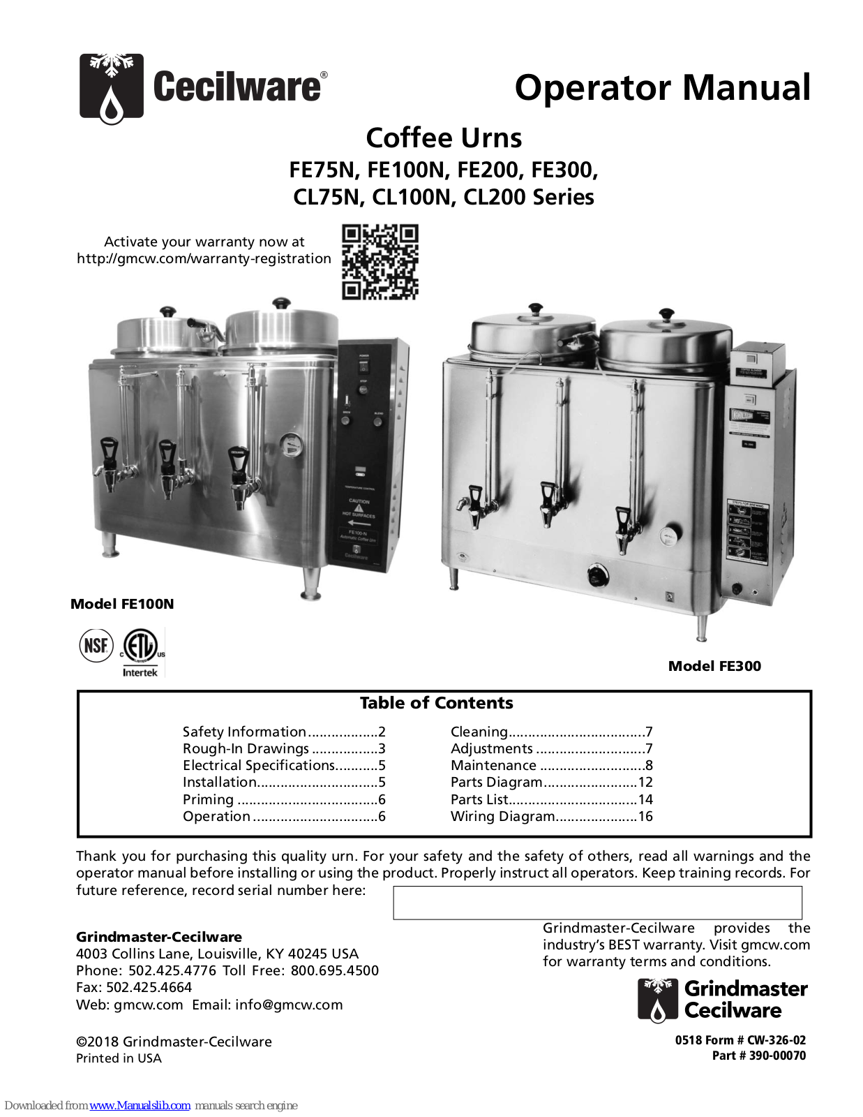 Grindmaster Cecilware FE75N Series, FE100N Series, CL100N Series, FE200 Series, CL200 Series Operator's Manual