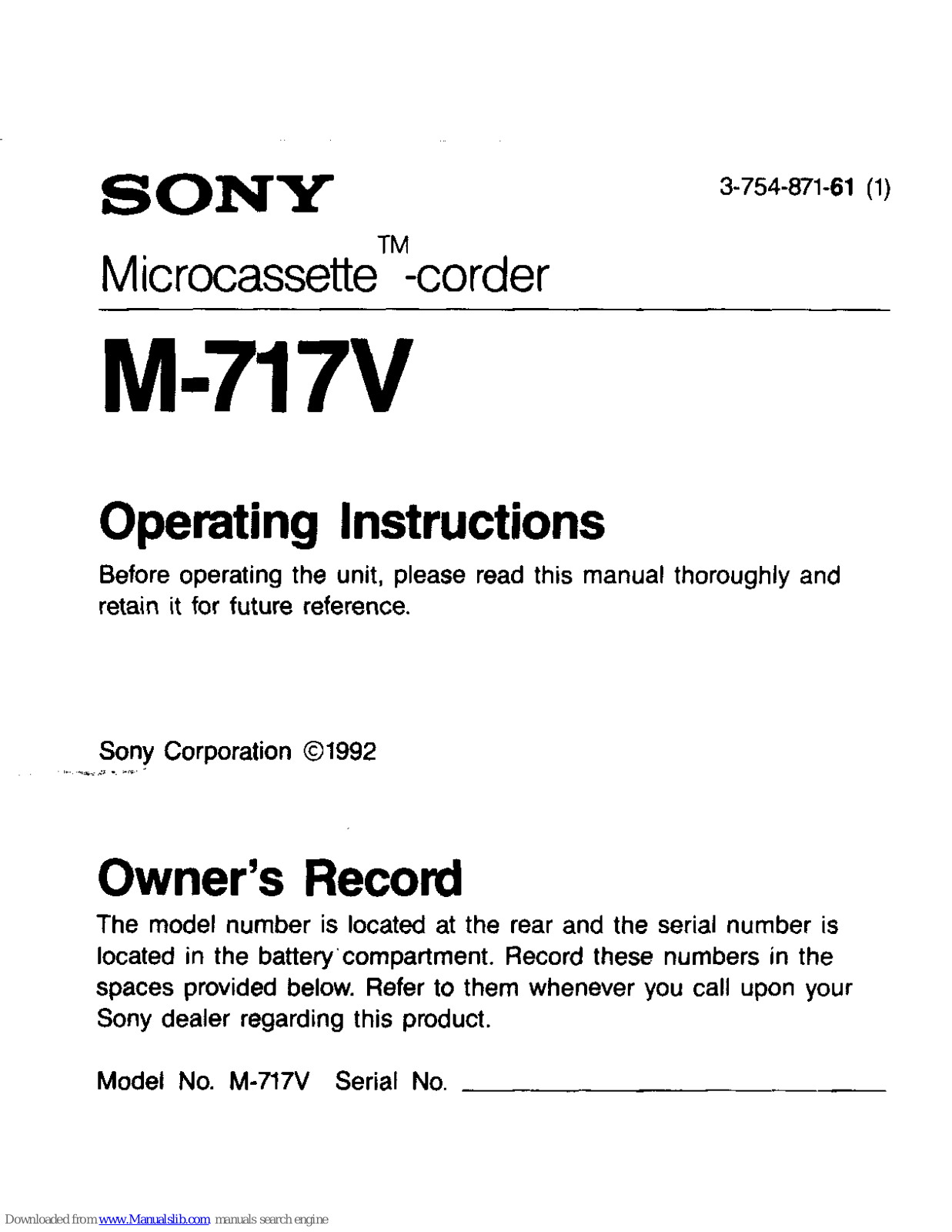 Sony M-717V Primary Operating Instructions Manual