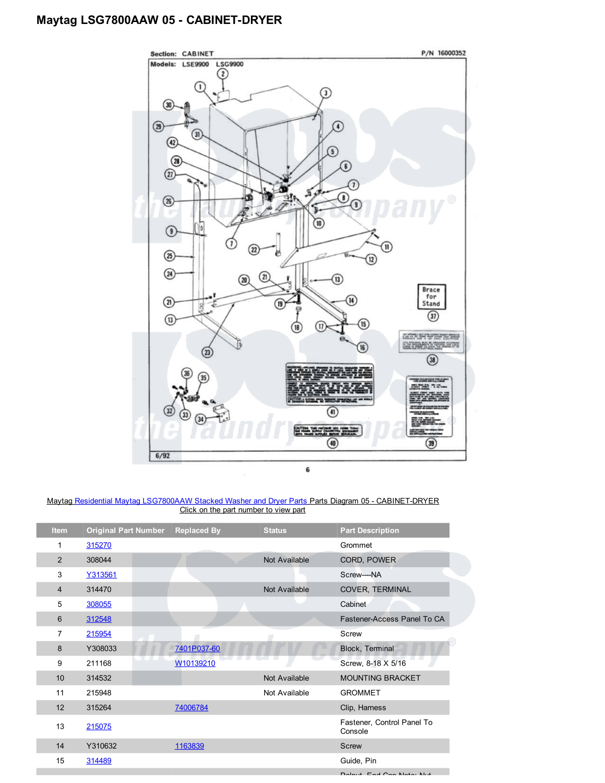 Maytag LSG7800AAW Stacked and Parts Diagram