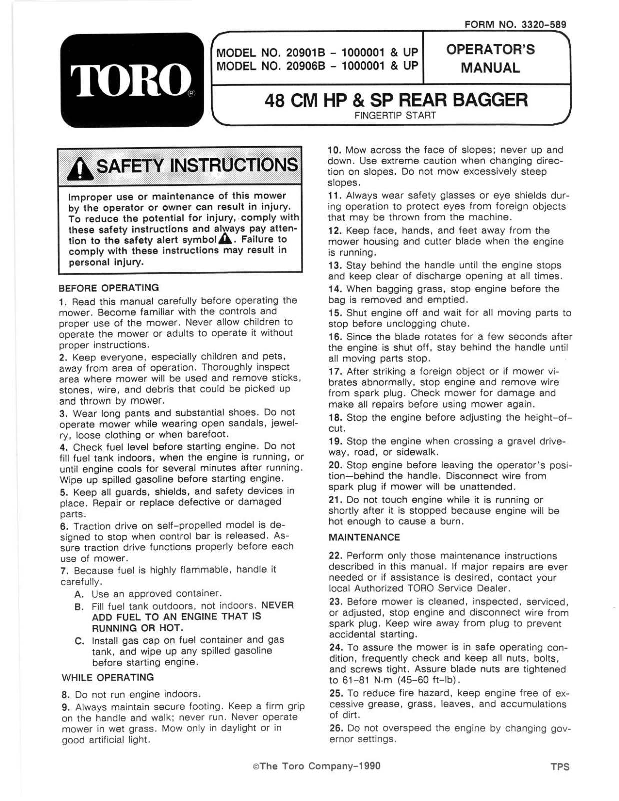 Toro 20901B, 20906B Operator's Manual