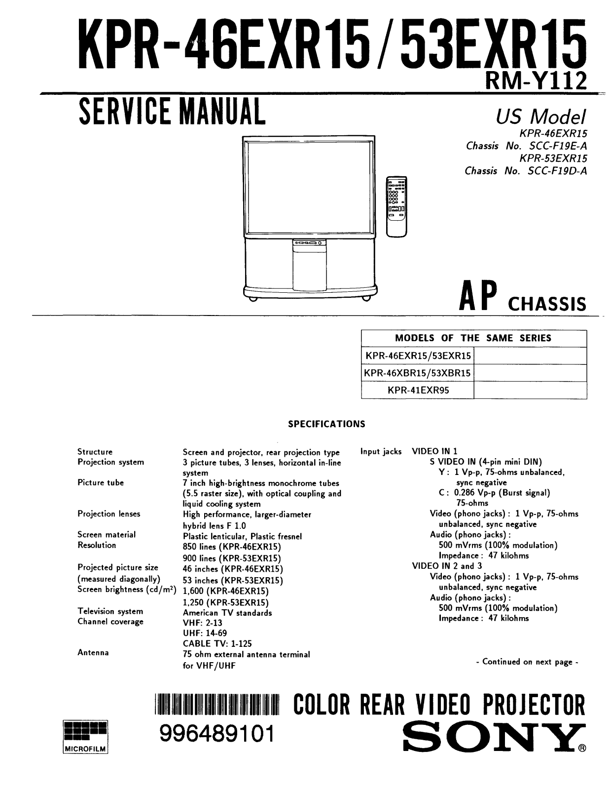 Sony KPR-46EXR1553EXR15 Service Manual