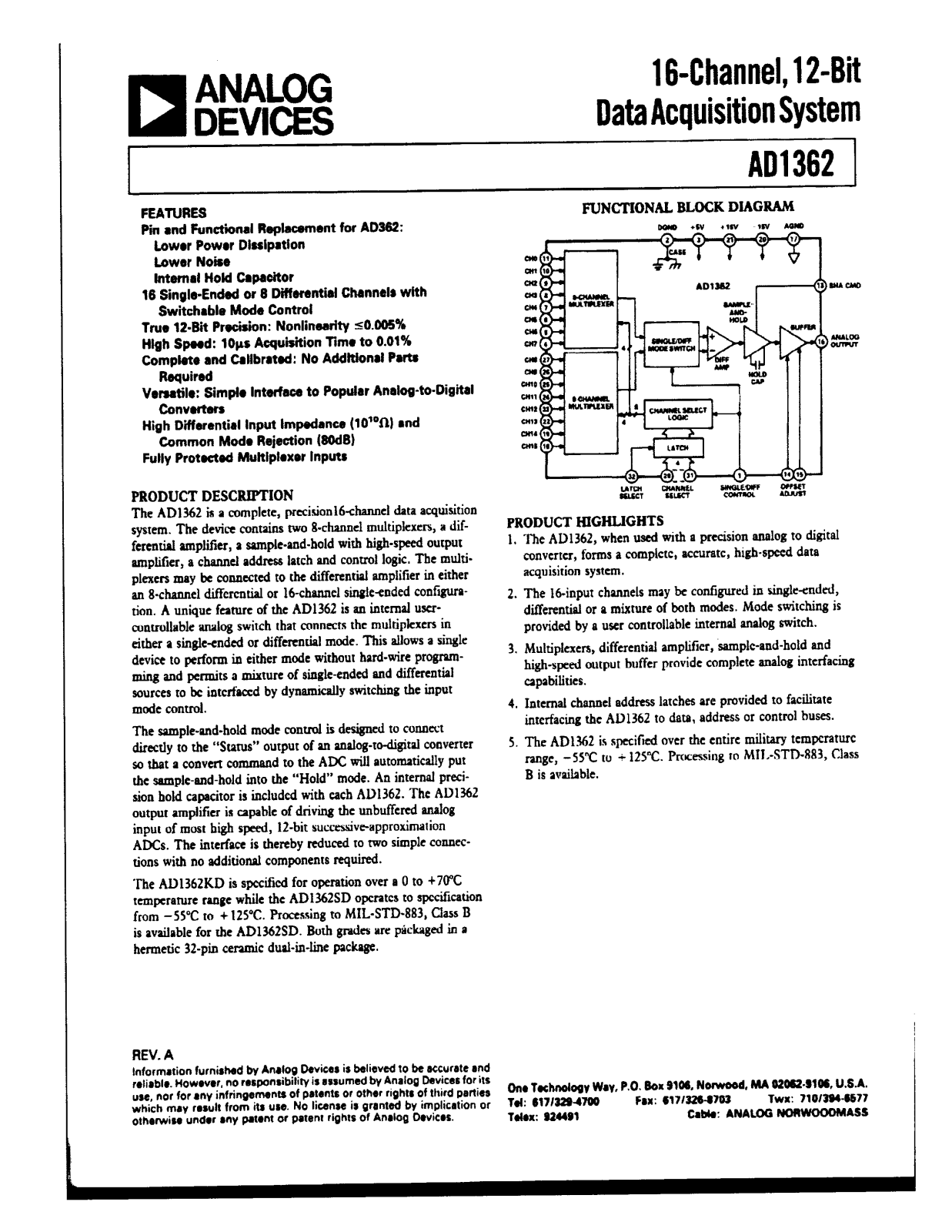 Analog Devices AD1362SD-883B, AD1362SD, AD1362KD Datasheet
