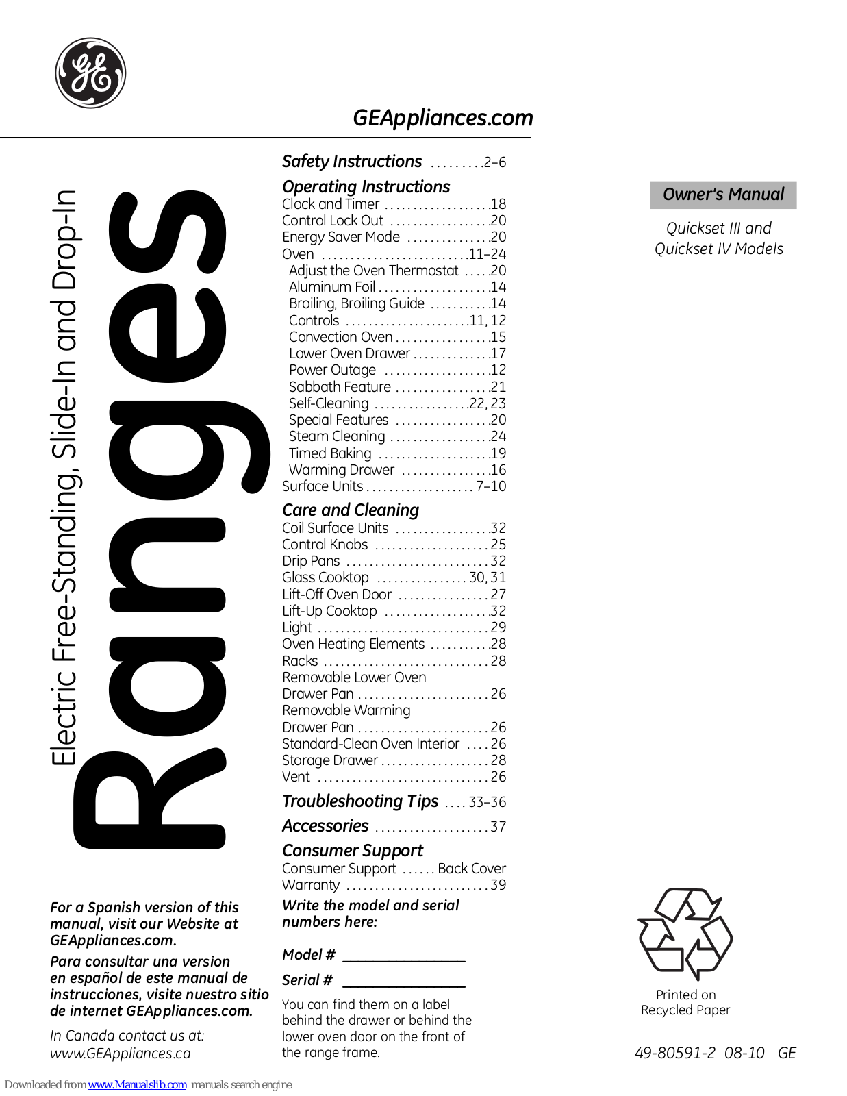 GE 49-80591-2, JBP28DRCC, JBP23DR, JBP23SRSS, JBP28DR Owner's Manual