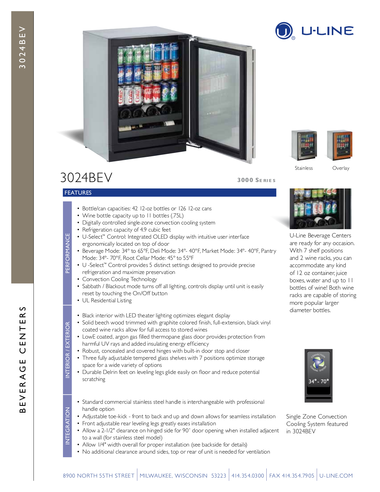 U-Line U-3024BEVS-00, U-3024BEVS-01, U-3024BEVOL-01 Specification Sheet