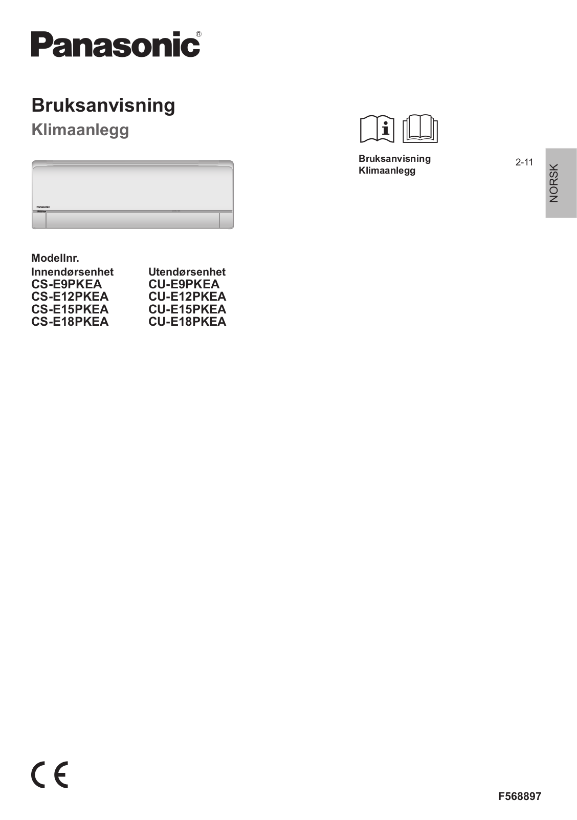 Panasonic CS-E9PKEA, CS-E12PKEA, CS-E15PKEA, CS-E18PKEA, CU-E9PKEA User Manual