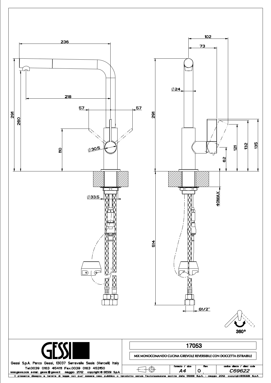 Gessi 17053, 17053BN Specifications Sheet