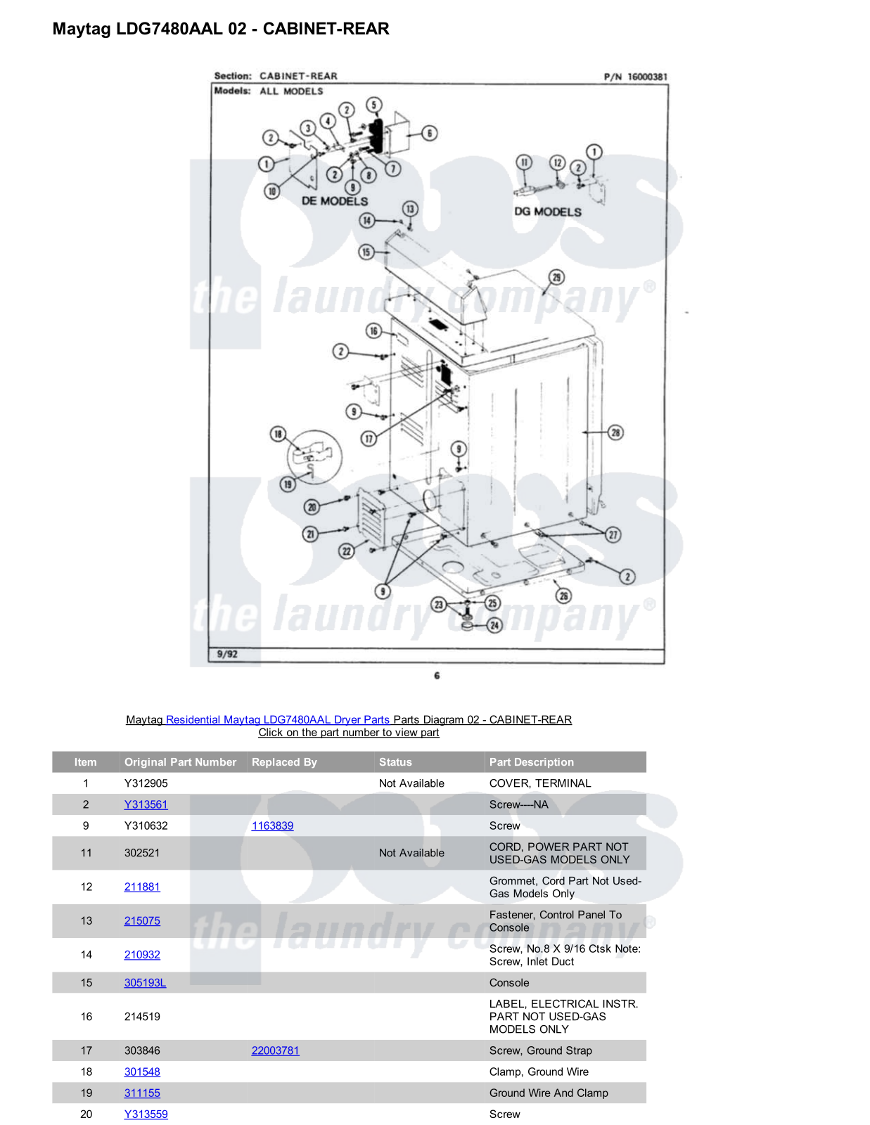 Maytag LDG7480AAL Parts Diagram