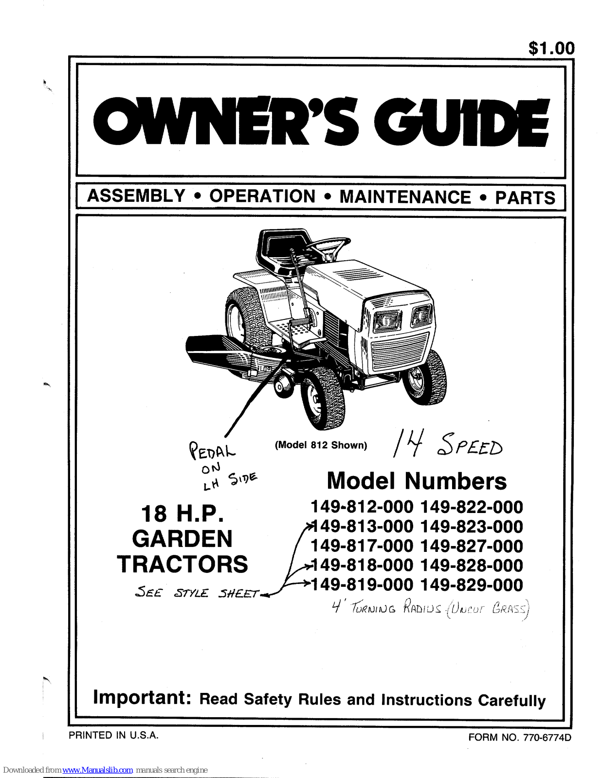 MTD 142-848H000, 142-843H000, 142-844H000, 142-846H000, 142-849H000 Owner's Manual