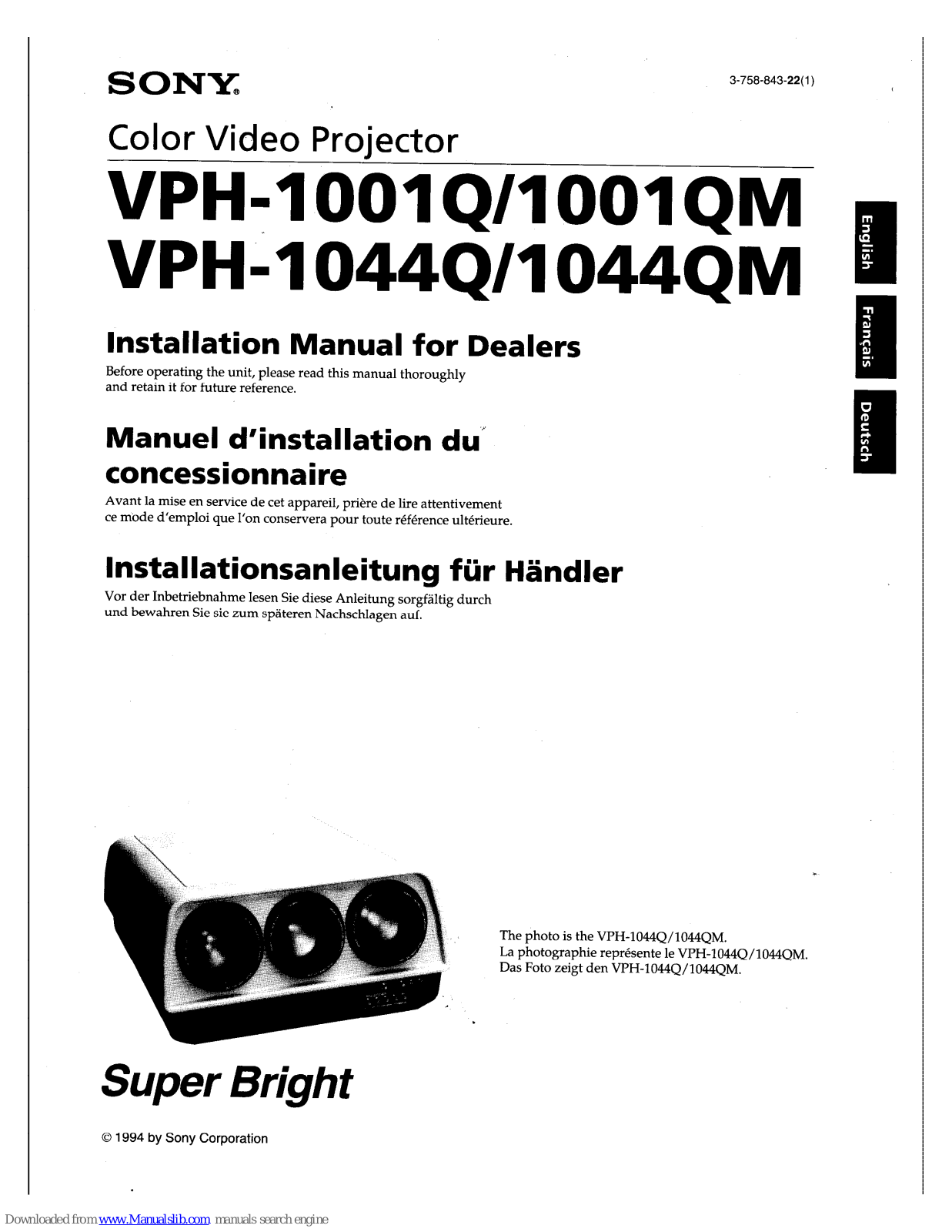 Sony VPH-1001Q, VPH-1001QM, VPH-1044Q, VPH-1044QM Installation Manual