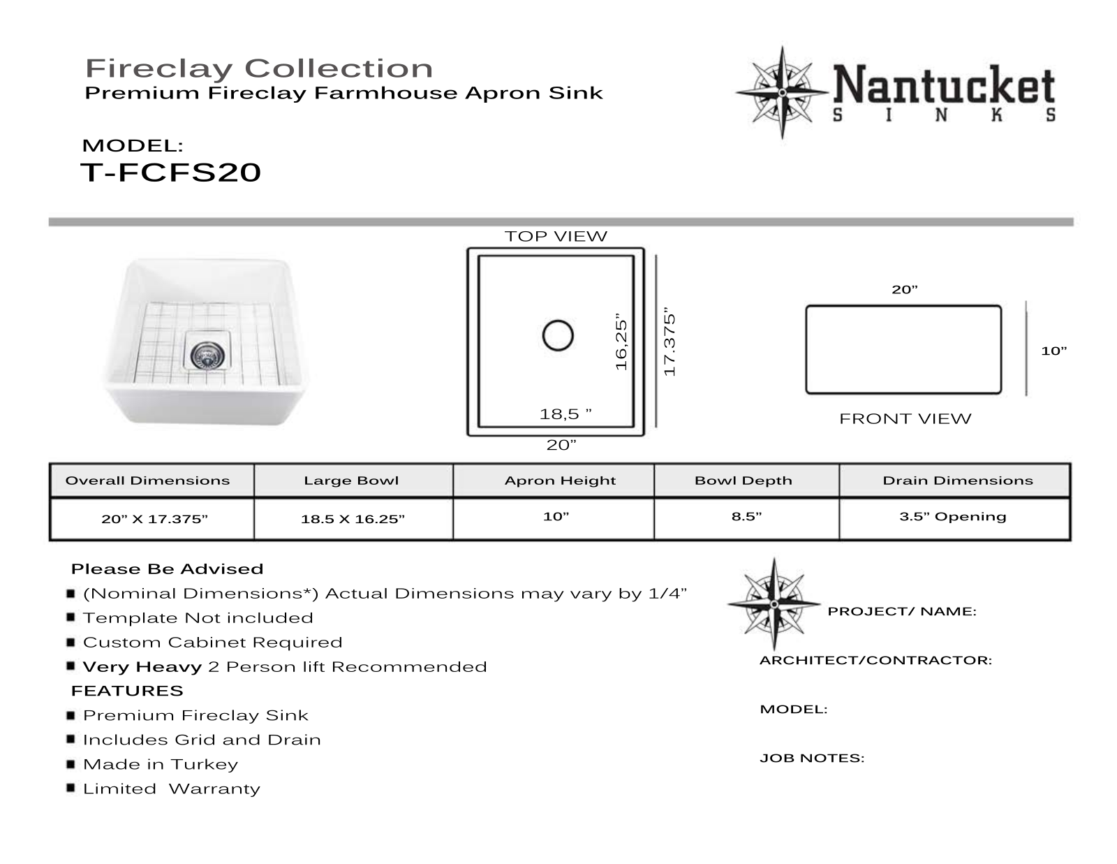 Nantucket Sinks TFCFS20 Specs