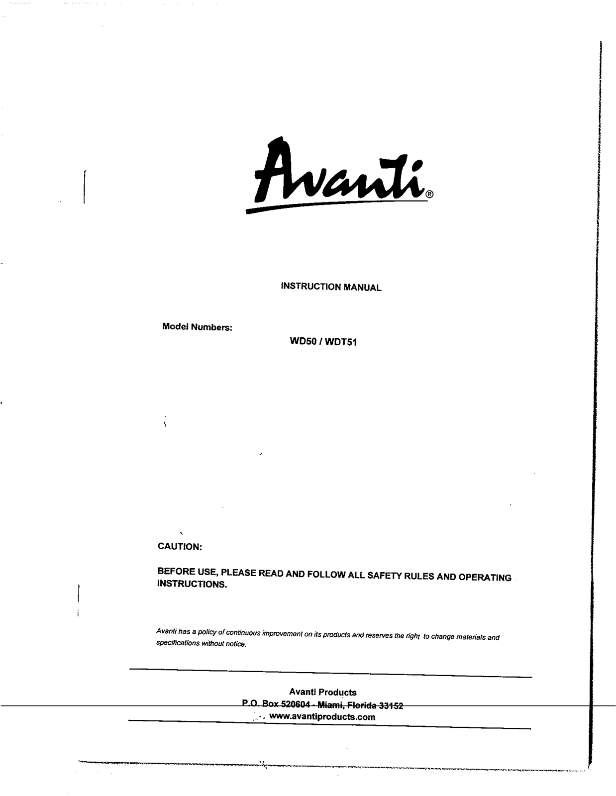 Avanti WDT51, WD50 User Manual