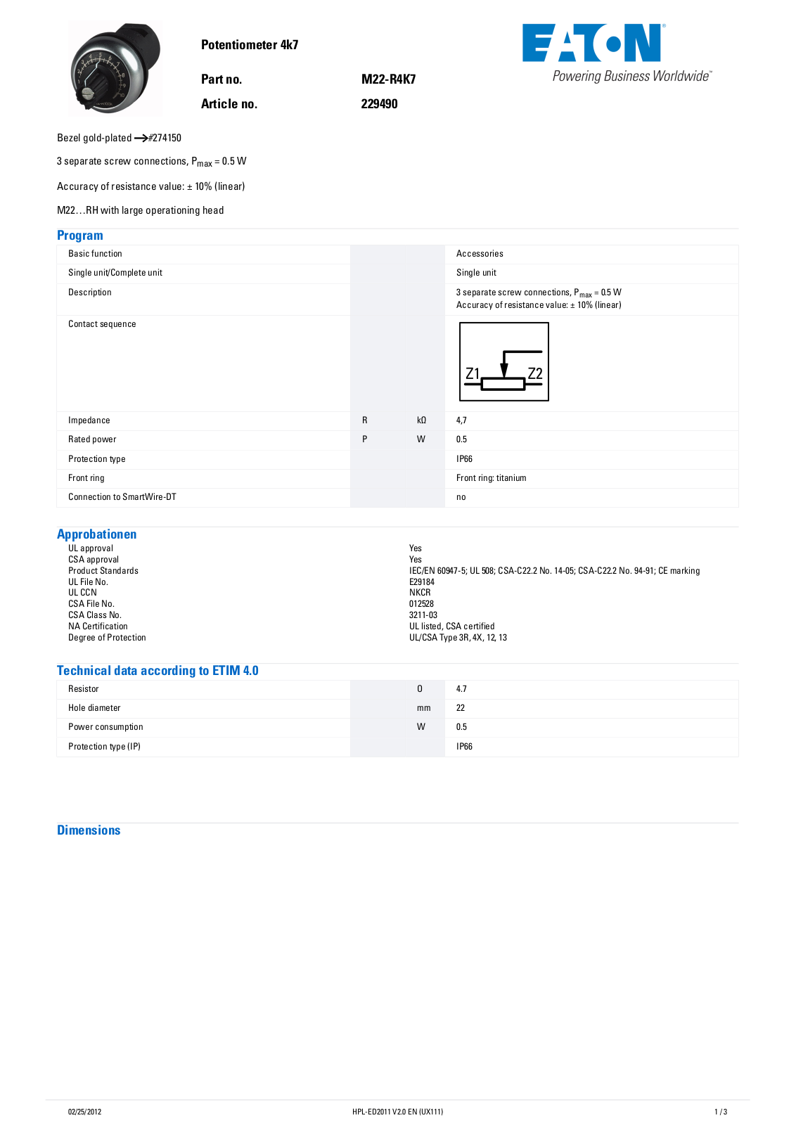 Cutler Hammer, Div of Eaton Corp M22-R4K7 Data Sheet