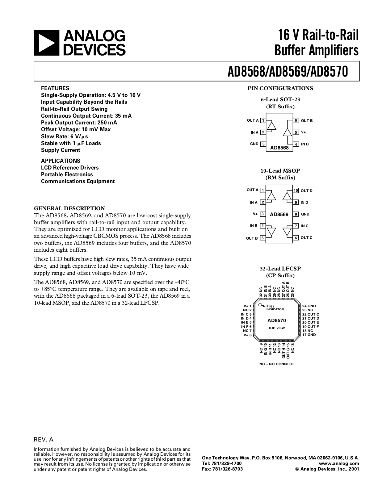 Analog Devices AD8570ACP, AD8569ARM, AD8568ART Datasheet