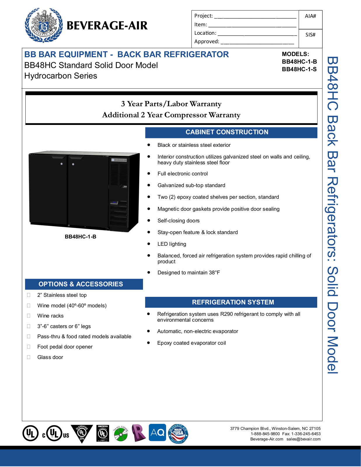 Beverage-Air BB48HC1FB, BB48HC1B, BB48HC1FS, BB48HC1S Specifications