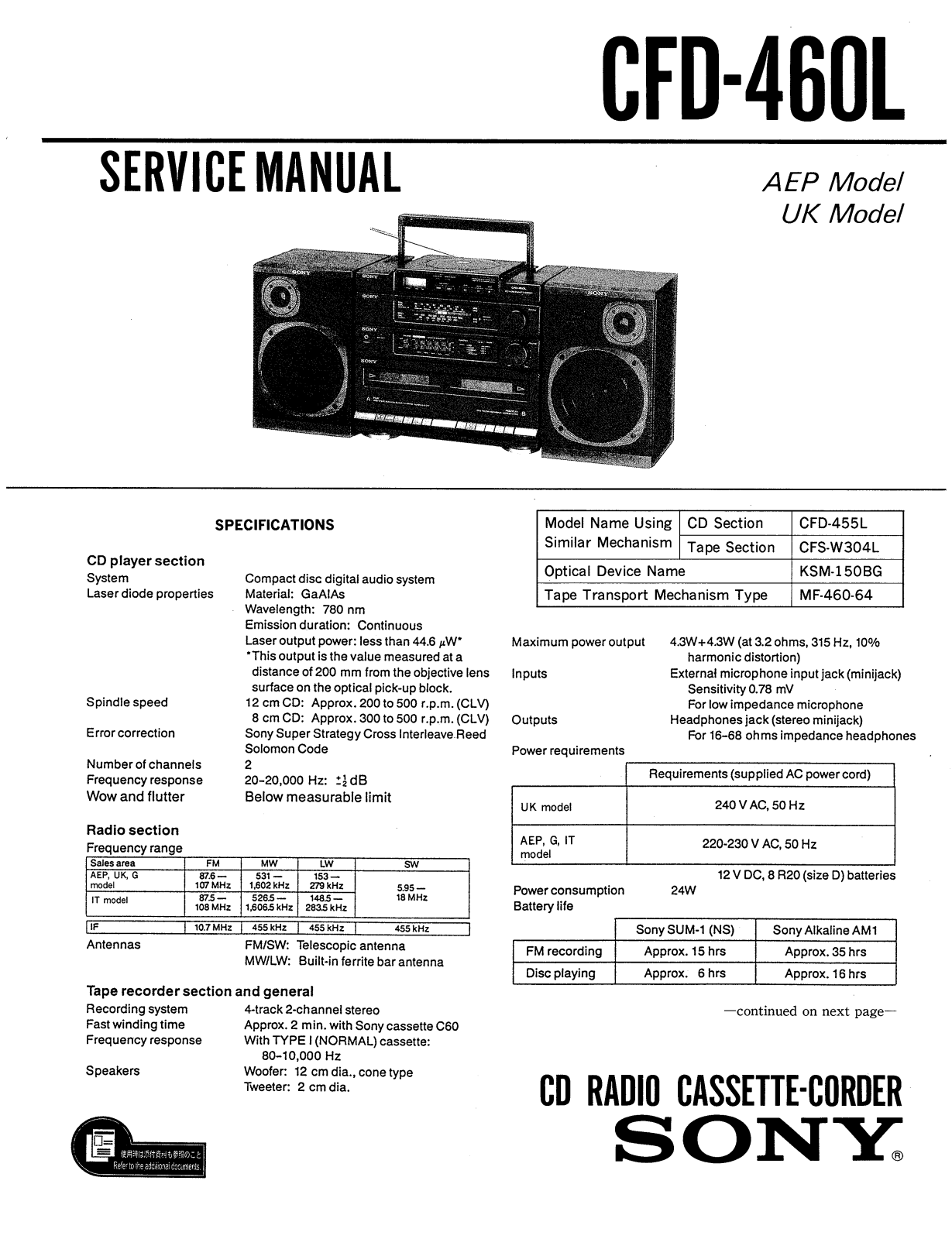 Sony CFD-460-L Service manual