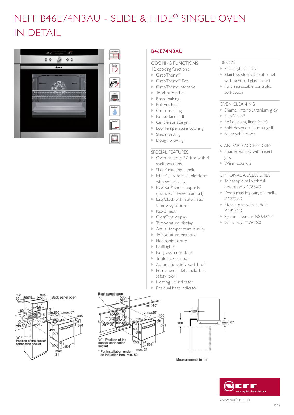 NEFF B46E74N3AU Specifications Sheet