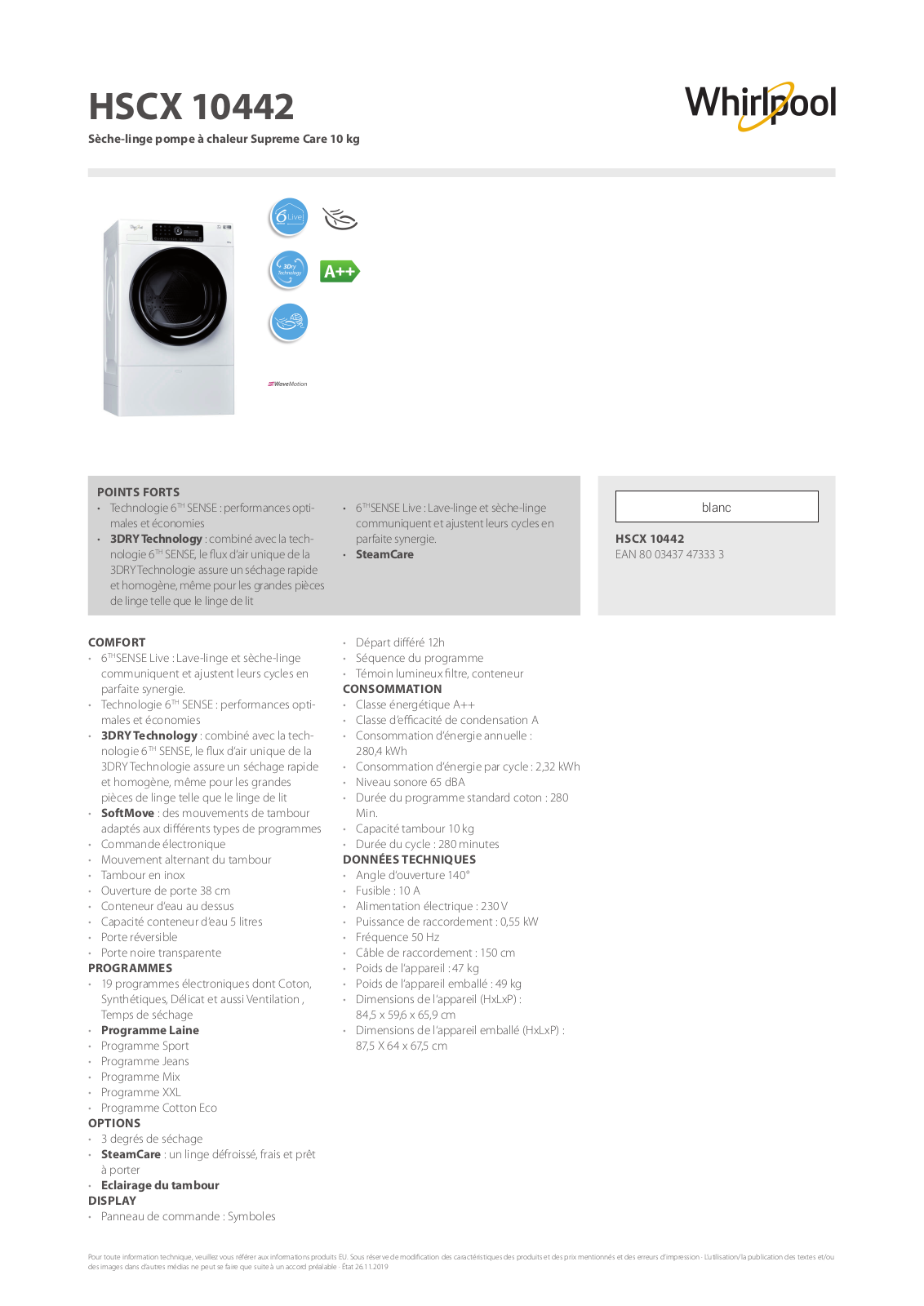 Whirlpool HSCX 10442 Product information