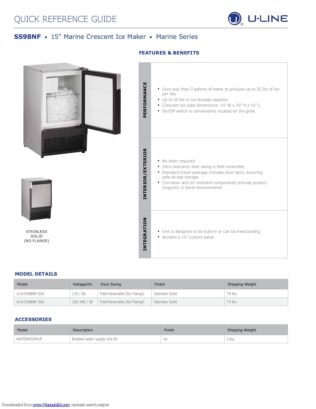 U-Line SS98NF Quick Reference Manual