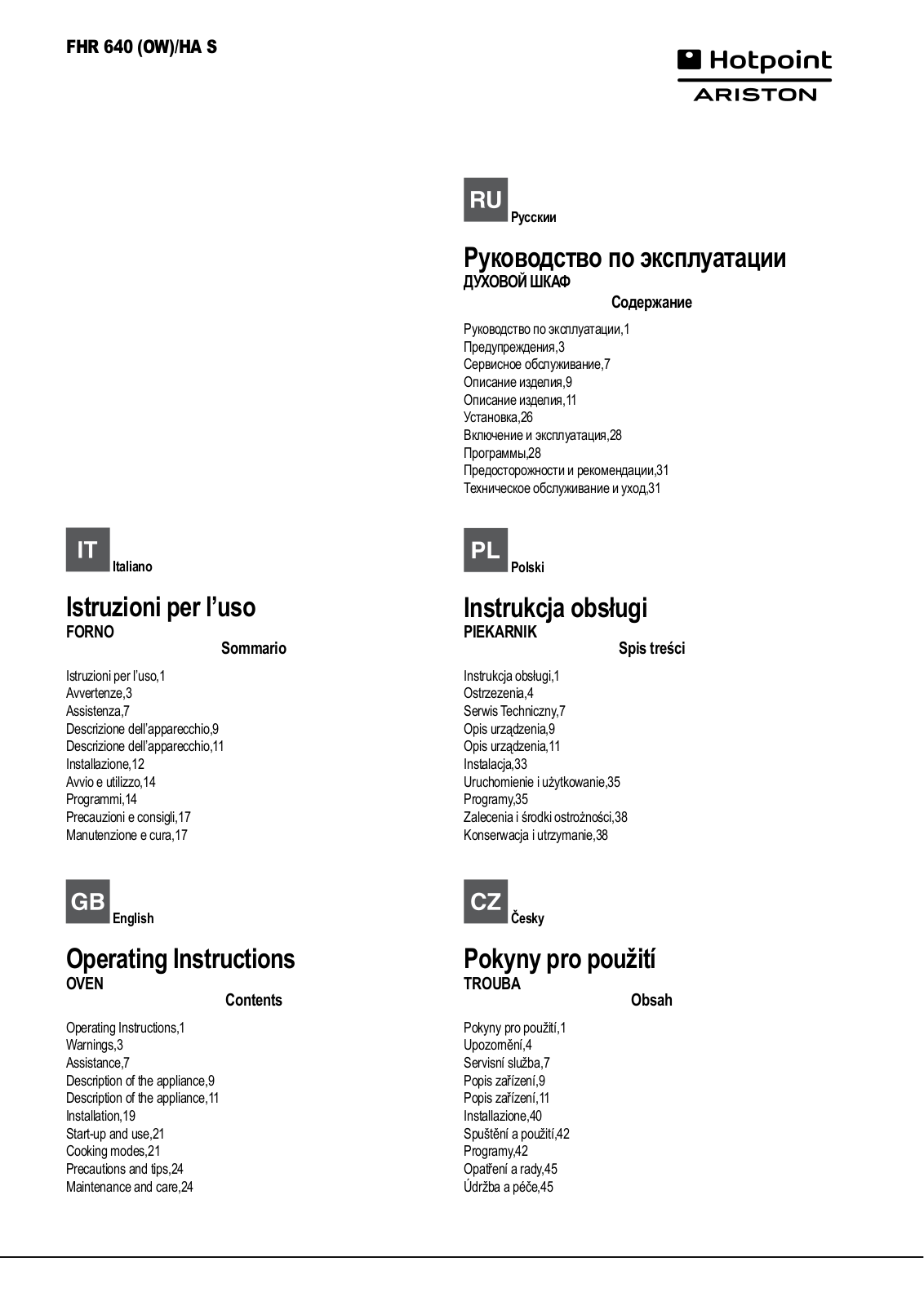 HOTPOINT/ARISTON FHR 640 (OW)/HA S User Manual