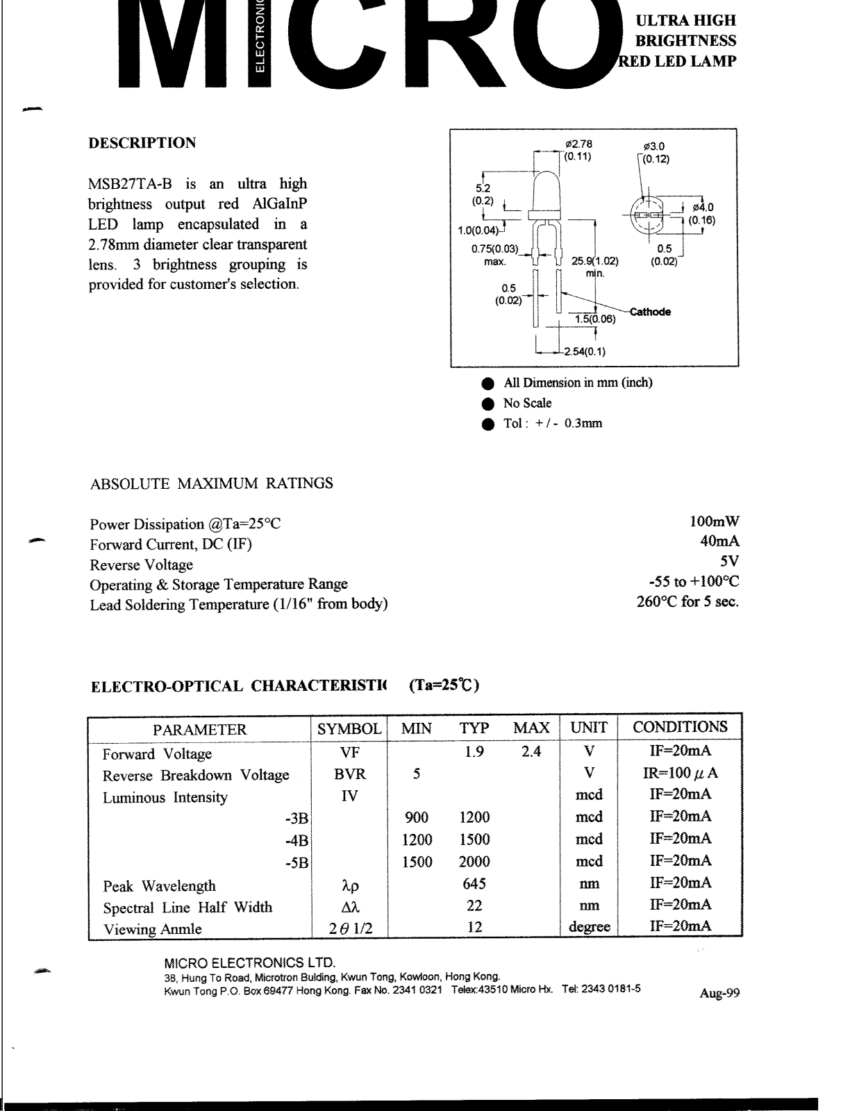 MICRO MSB27TA-4B, MSB27TA-5B, MSB27TA-B, MSB27TA-3B Datasheet