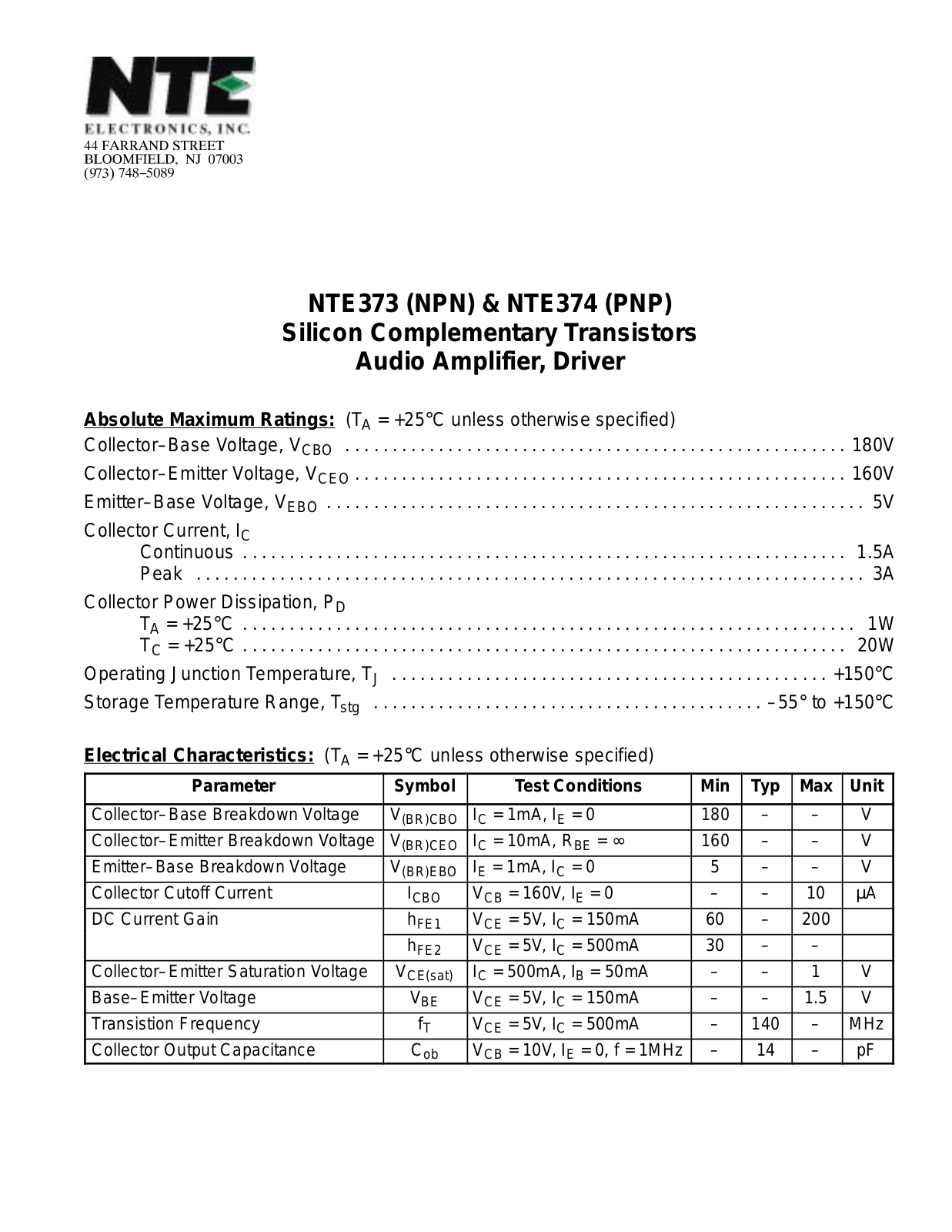 Datasheet NTE374, NTE373 Datasheet (NTE) - ManualMachine.com