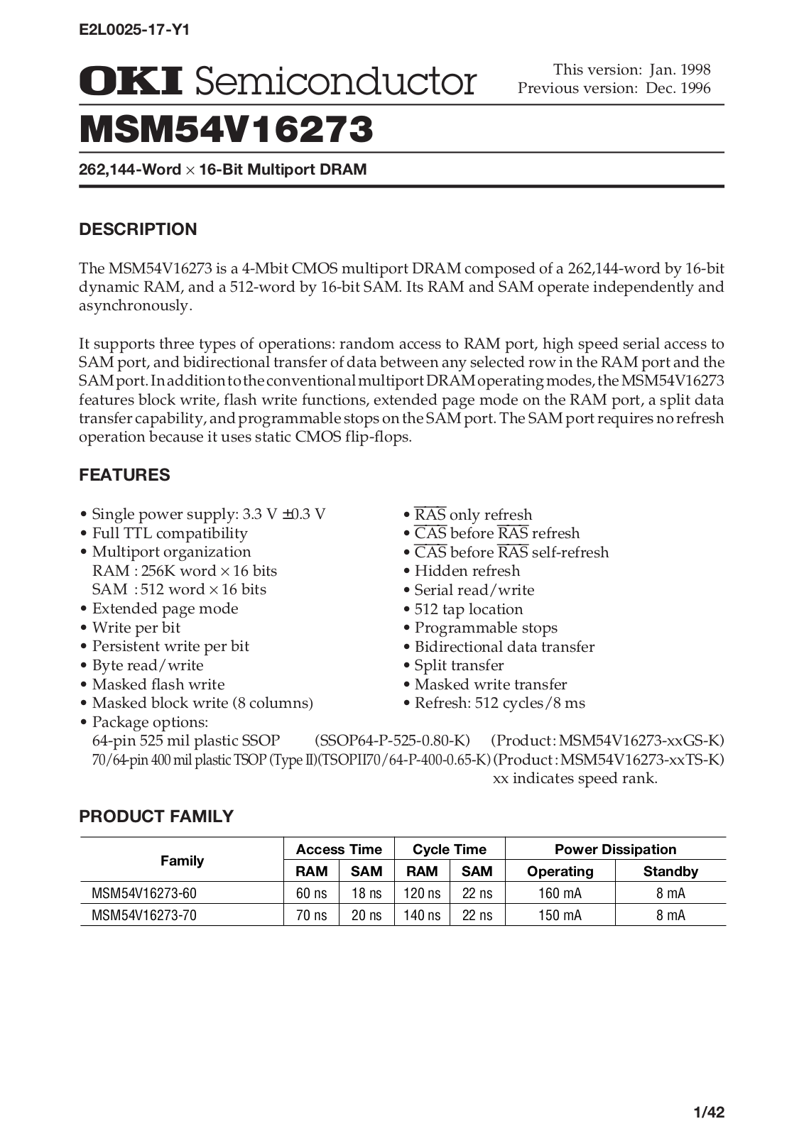 OKI MSM54V16273-60GS-K, MSM54V16273-60TS-K, MSM54V16273-70GS-K, MSM54V16273-70TS-K Datasheet