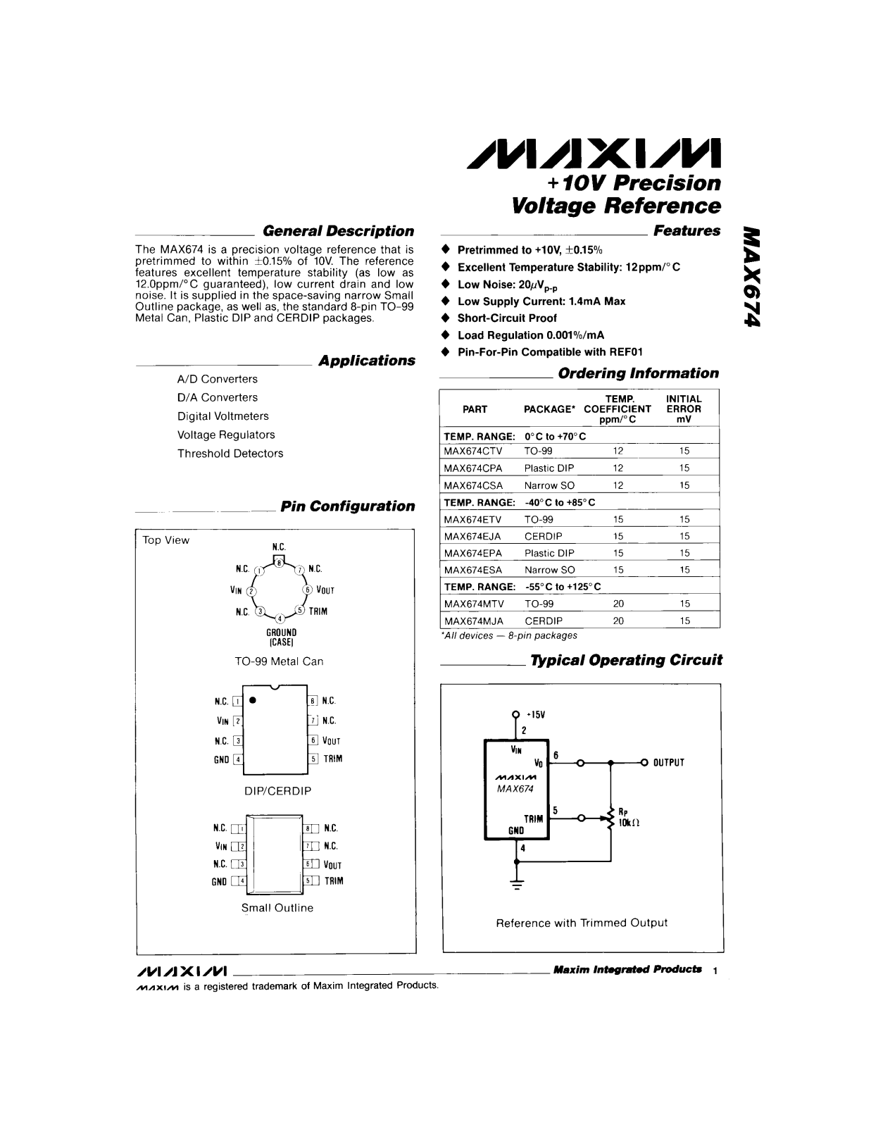 Maxim MAX674MTV, MAX674EPA, MAX674ESA, MAX674ETV, MAX674CPA Datasheet