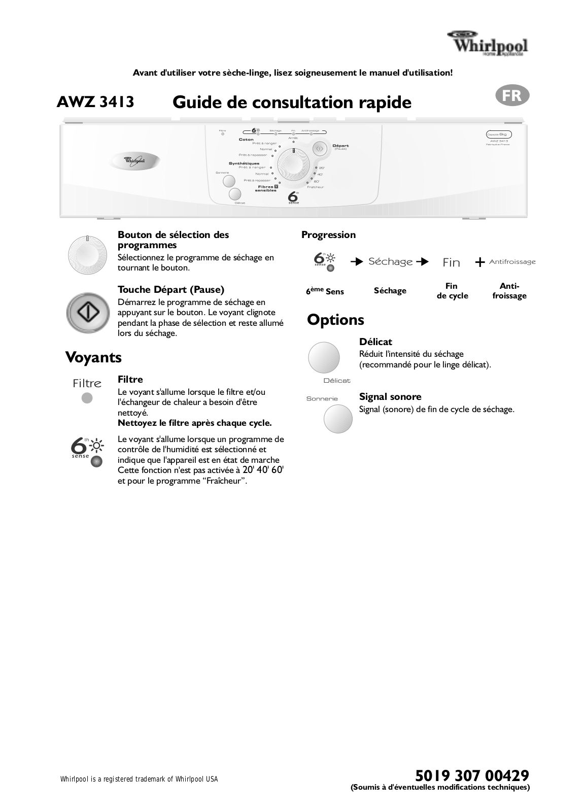 Whirlpool AWZ 3413 Quick start guide