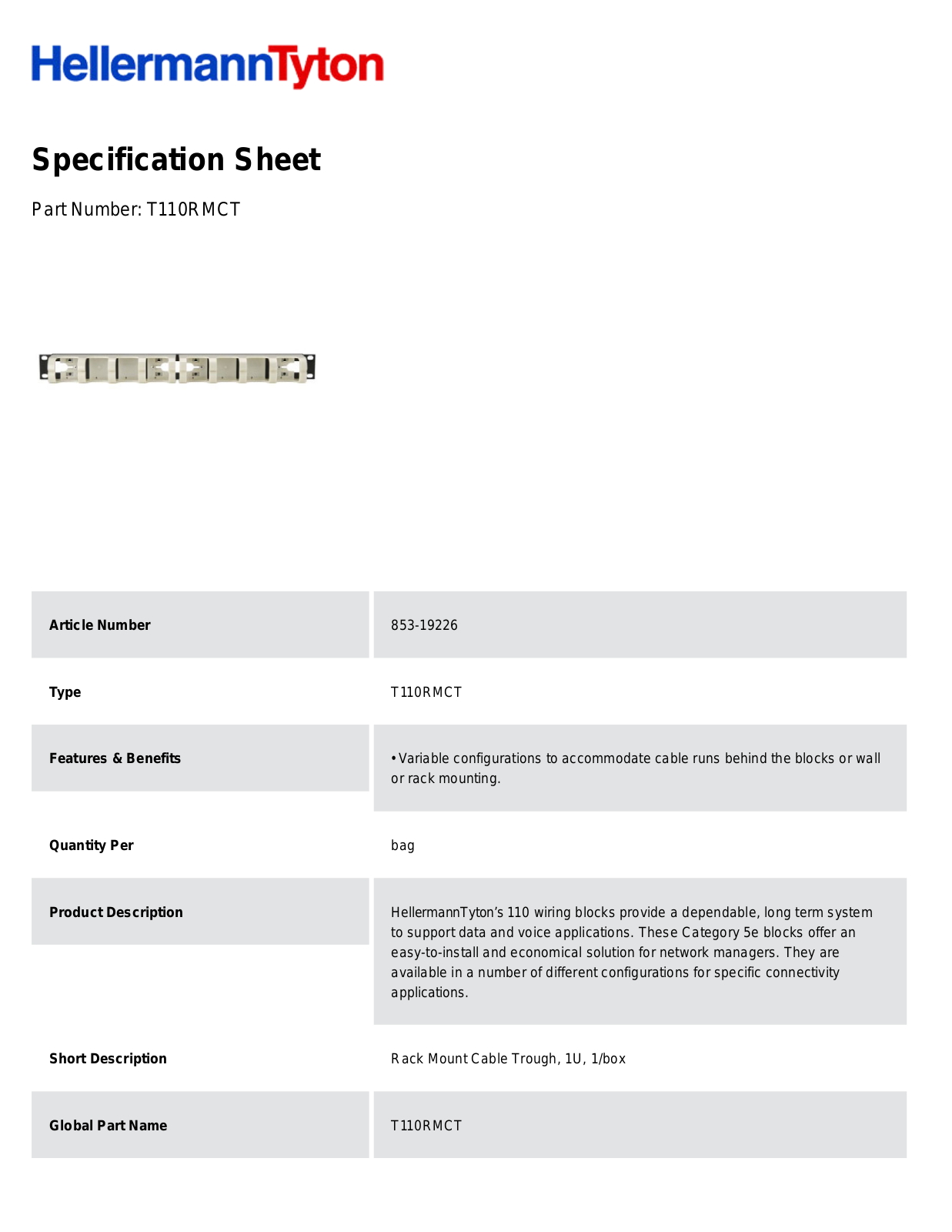 HellermannTyton T110RMCT Specification Sheet
