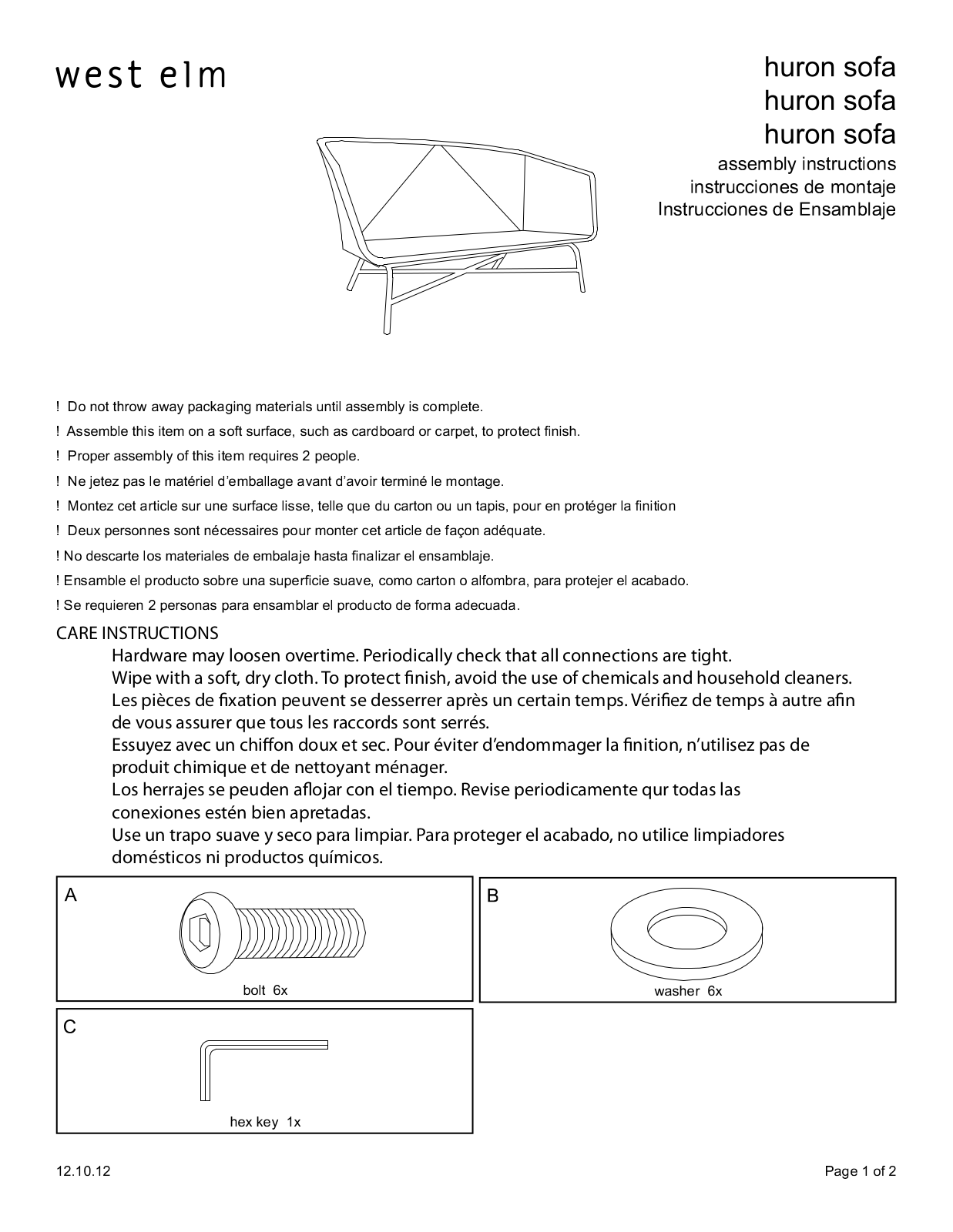 West Elm Huron Sofa Assembly Instruction