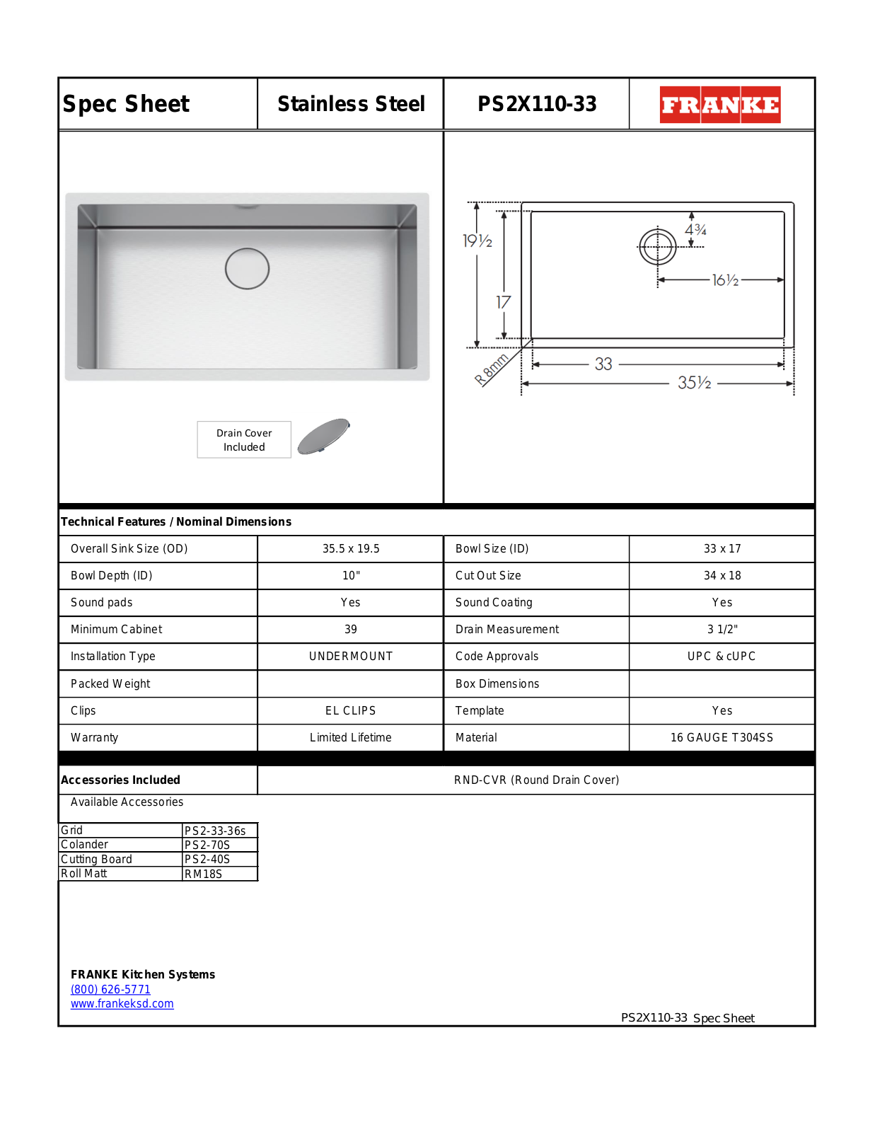 Franke PS2X11033 Specs