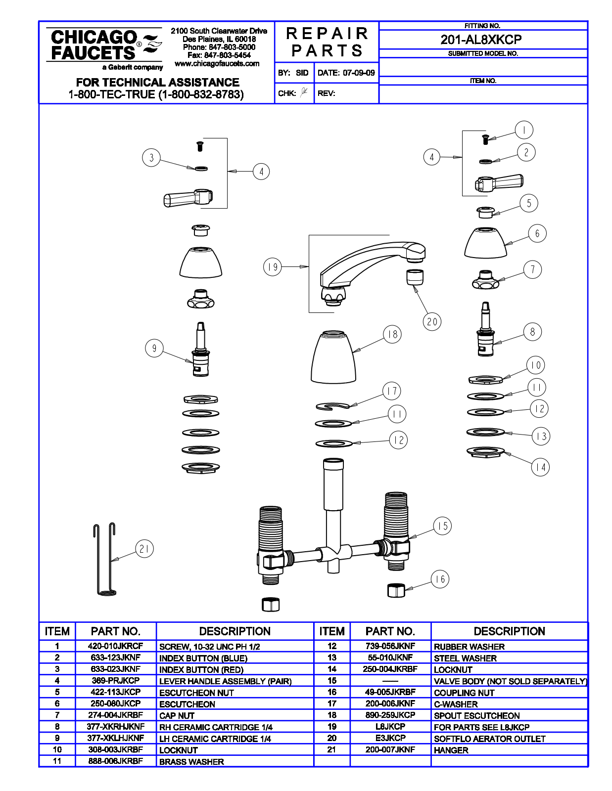 Chicago Faucet 201-AL8XK Parts List