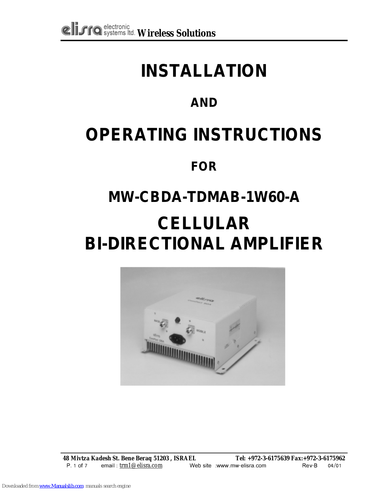 Elisra Electronic Systems Ltd. MW-CBDA-TDMAB-1W60-A Installation And Operating Instructions Manual