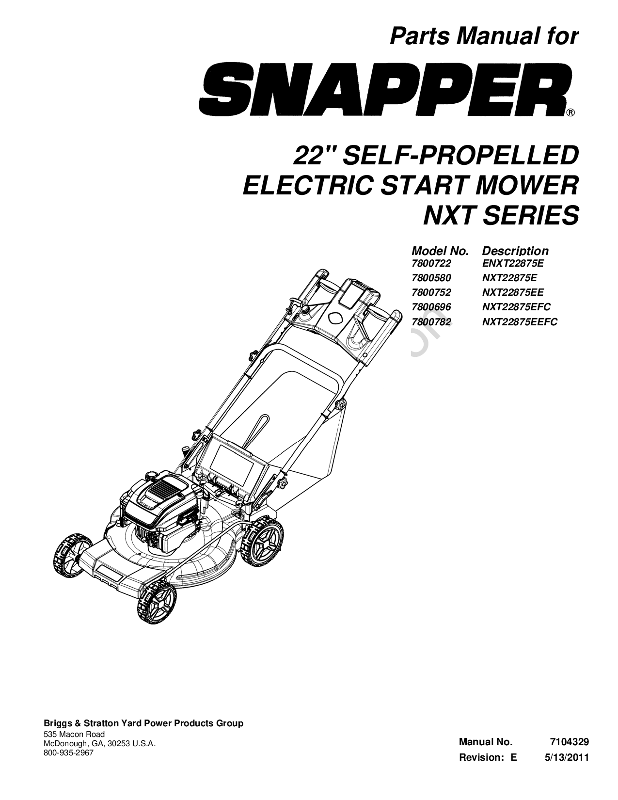 Briggs & Stratton SNAPPER 7800696, SNAPPER 7800580, SNAPPER 7800722, SNAPPER 7800752, SNAPPER 7800782 User Manual