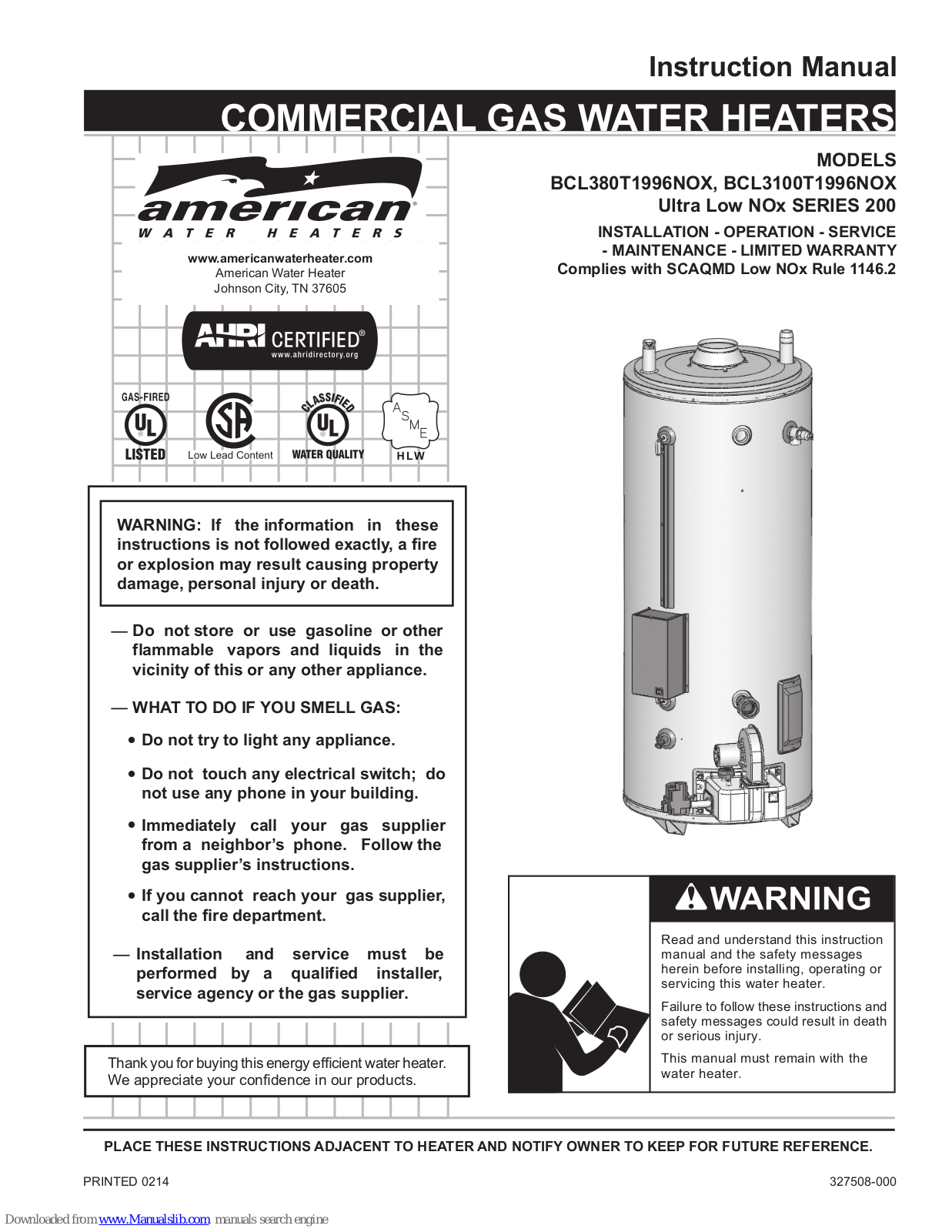 American Water Heater BCL380T1996NOX, BCL3100T1996NOX Instruction Manual