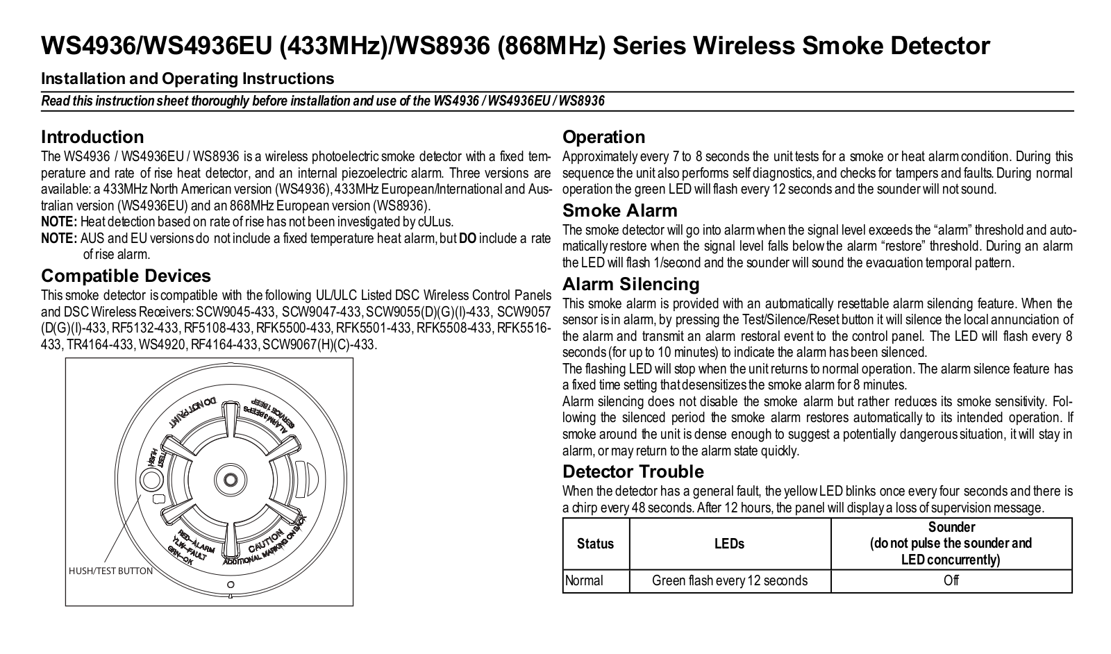 DSC WS4936EU, WS4936, WS8936 Installation And Operating Instructions Manual