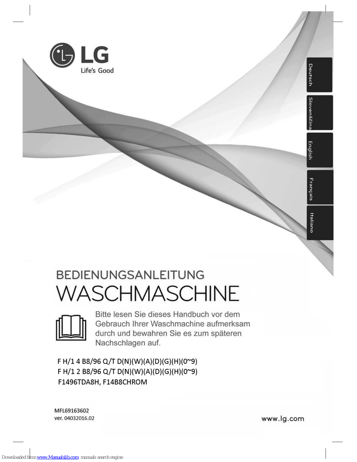 LG F1496TDA8H, F14B8CHROM, F H/1 4 B8/96 Q/T D(N)(W)(A)(D)(G)(H)(0-9), F H/1 2 B8/96 Q/T D(N)(W)(A)(D)(G)(H)(0-9) Owner's Manual